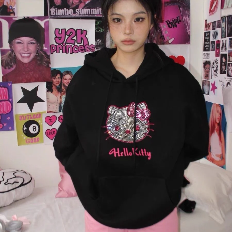 Hellokitty Rhinestone Hoodie Kawaii Pullover Cute Hooded Sweatshirt