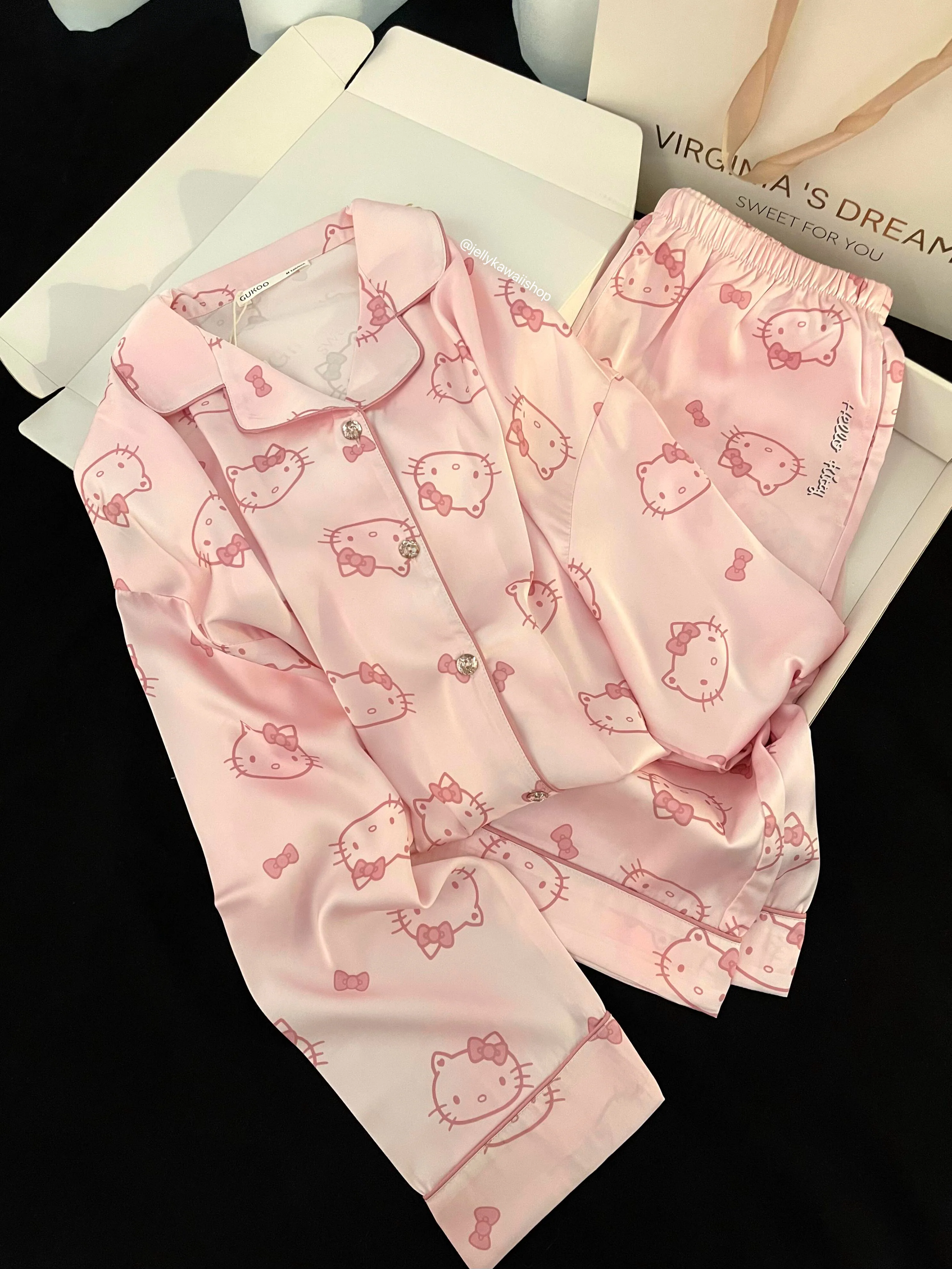 Hellokitty Pink Womens Pajamas Set Long Sleeve Sleepwear Button Down Nightwear Soft Pj Lounge Sets