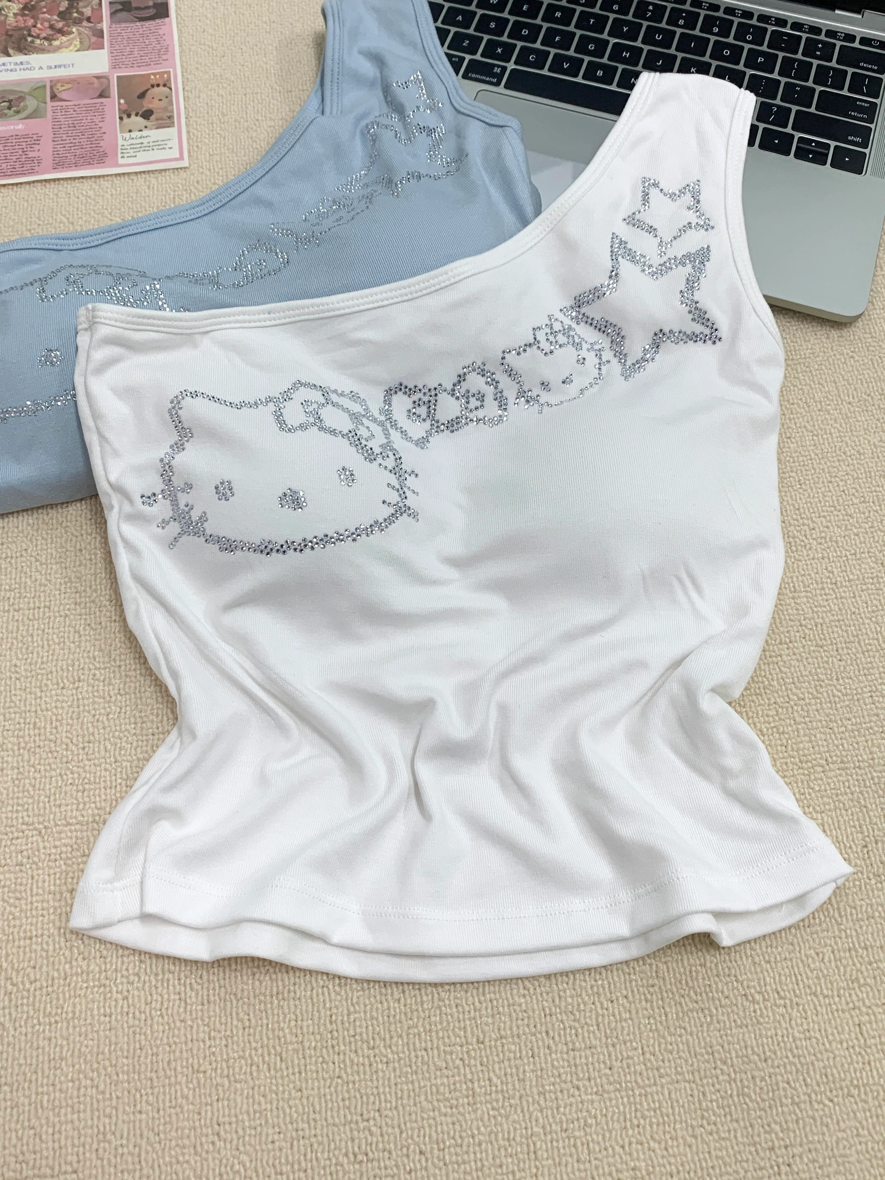 Hellokitty One Shoulder Tank Tops Summer Going Out Tops Asymmetrical Sleeveless Shirts