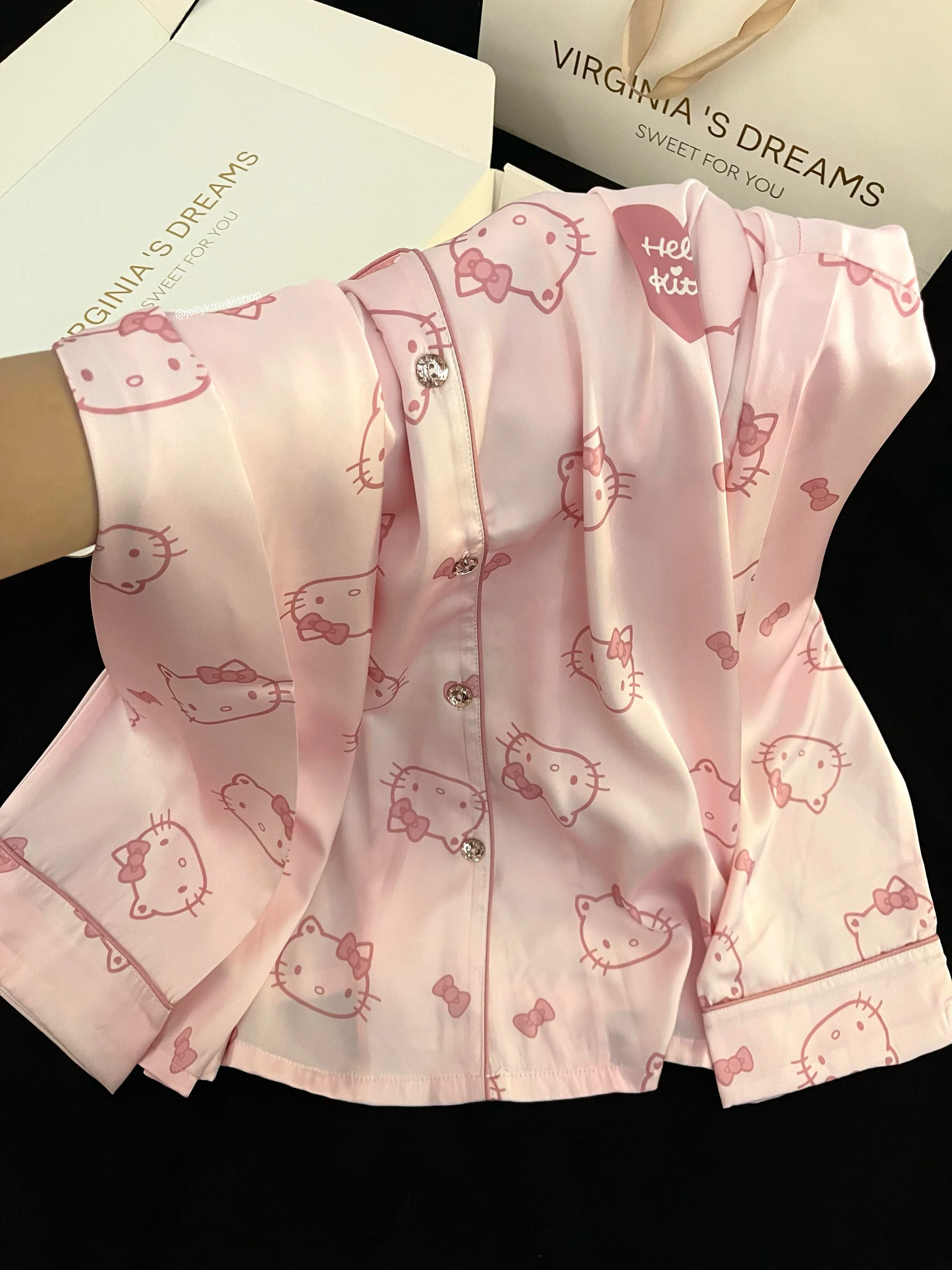 Hellokitty Pink Womens Pajamas Set Long Sleeve Sleepwear Button Down Nightwear Soft Pj Lounge Sets