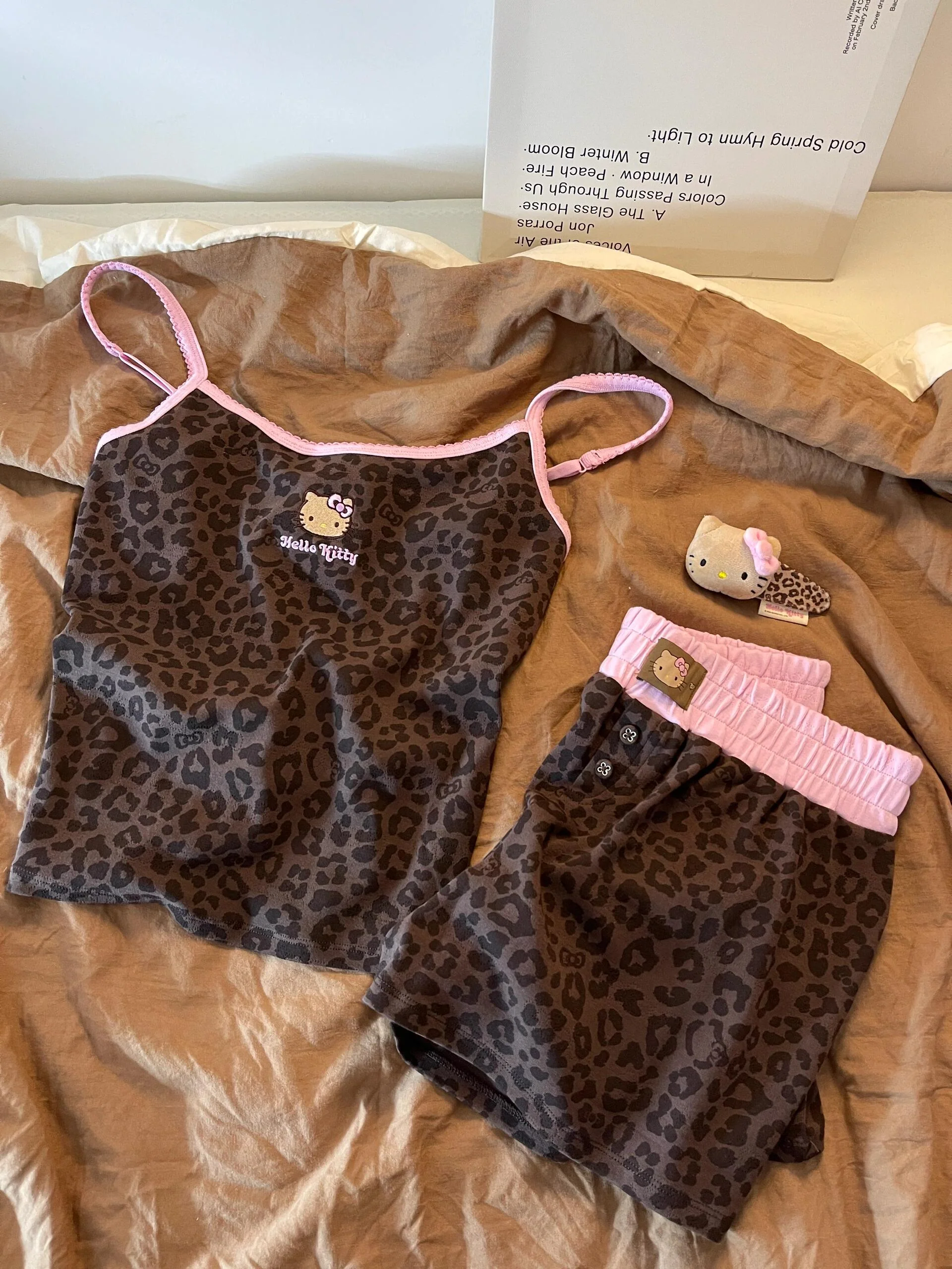 Hellokitty Leopard Print Cotton Cute Short Pajama Set 2 Piece Sleepwear Top with Shorts Pj Set