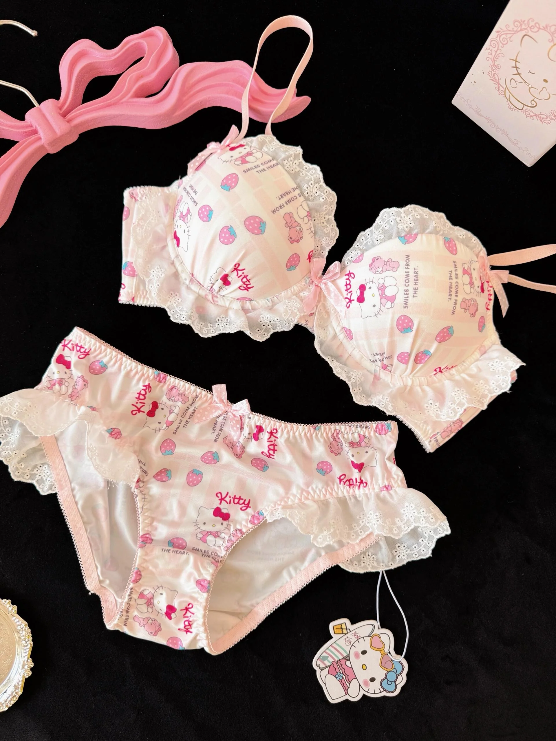 Strawberry Hellokitty Lace Trim Cotton Underwire Cute Push Up Strappy Lingerie Set Panty Bra