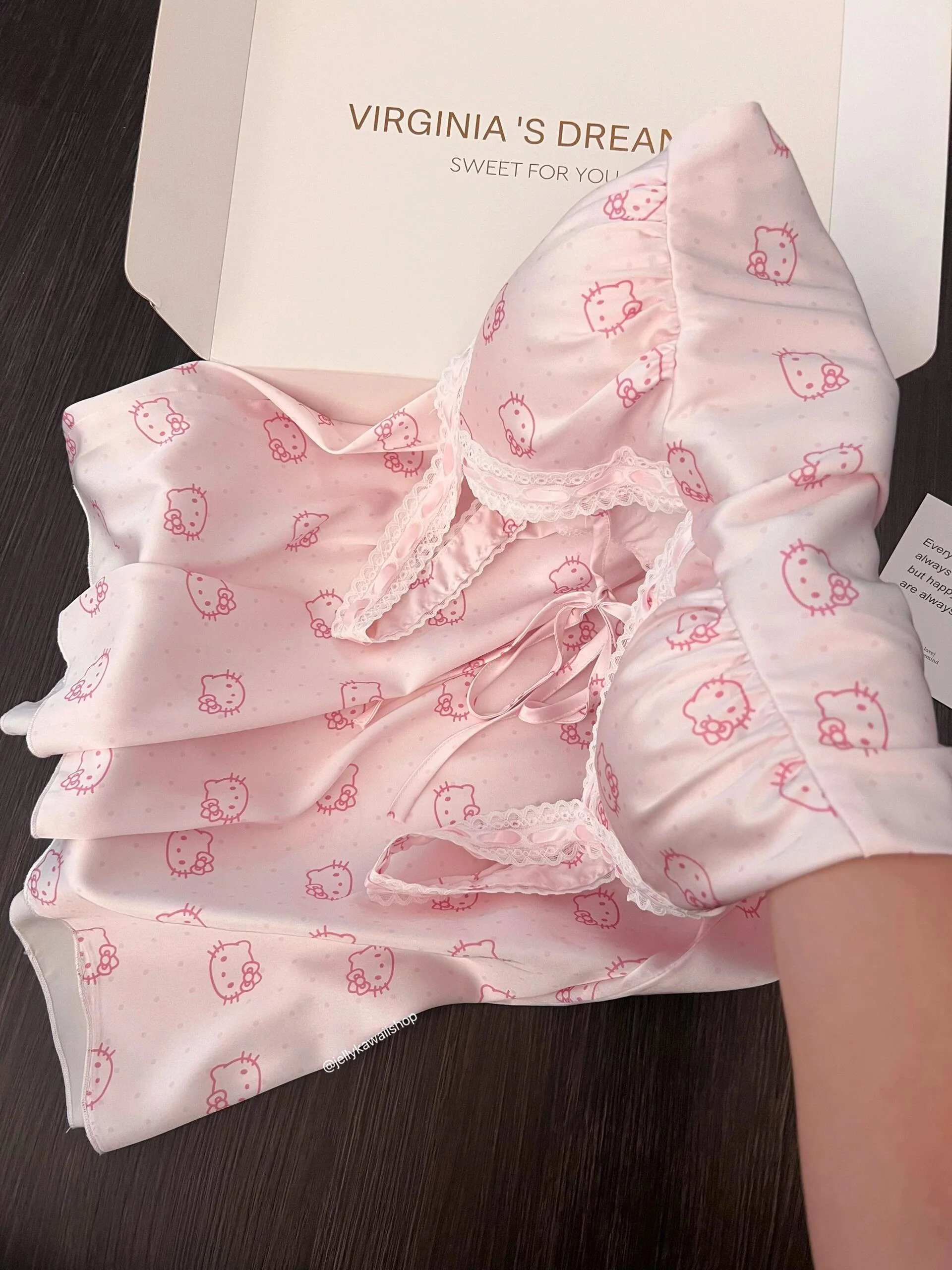 Hellokitty Pink Lace Silk Nightgown for Women Satin Slip Dress Nightdress