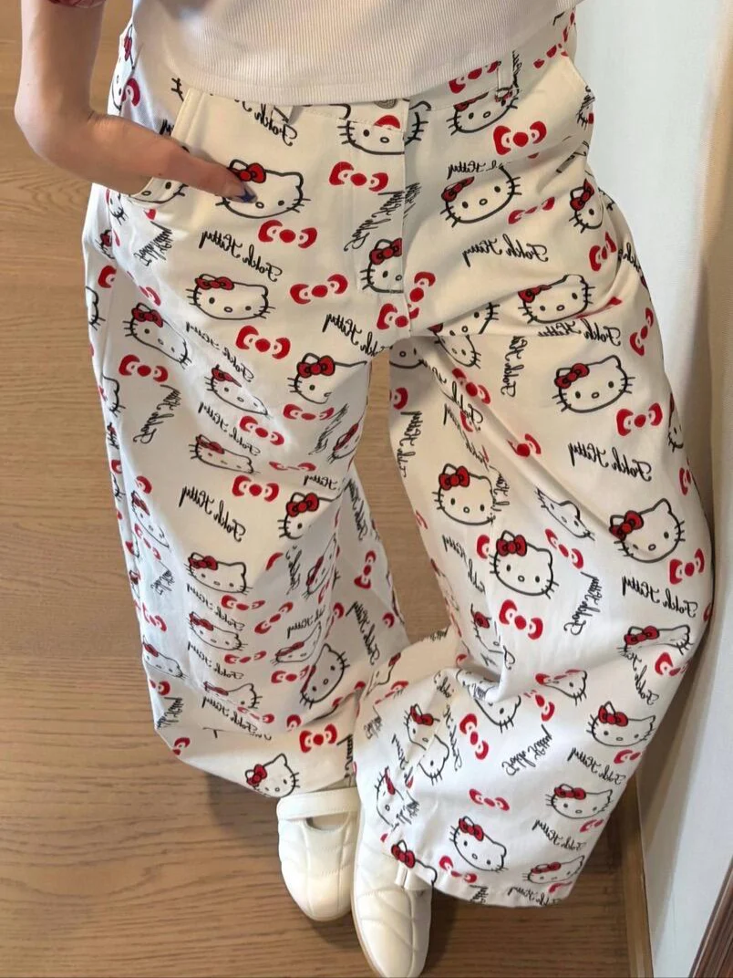 Hellokitty WHite Pocket Embroidery Wide Leg Jeans High Waist Baggy Jeans for Women Loose Boyfriends Jeans Denim Pants