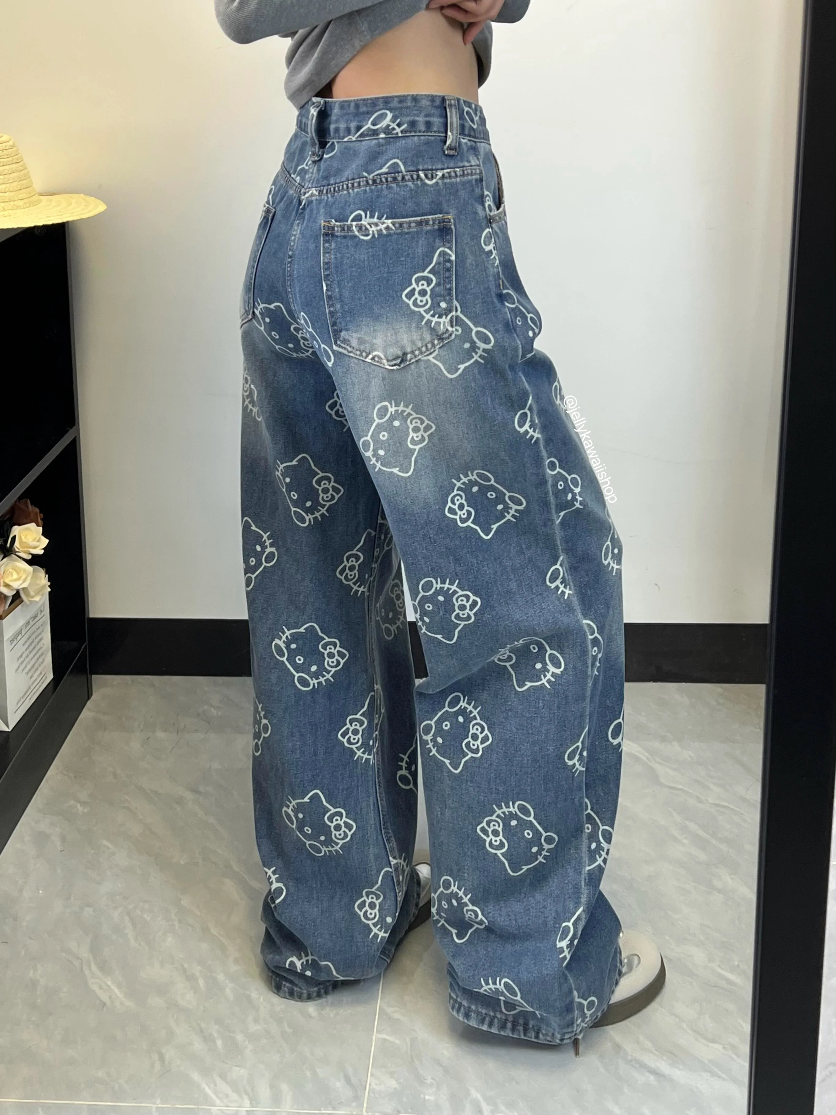 Hellokitty Pocket Embroidery Wide Leg Jeans High Waist Baggy Jeans for Women Loose Boyfriends Jeans Denim Pants