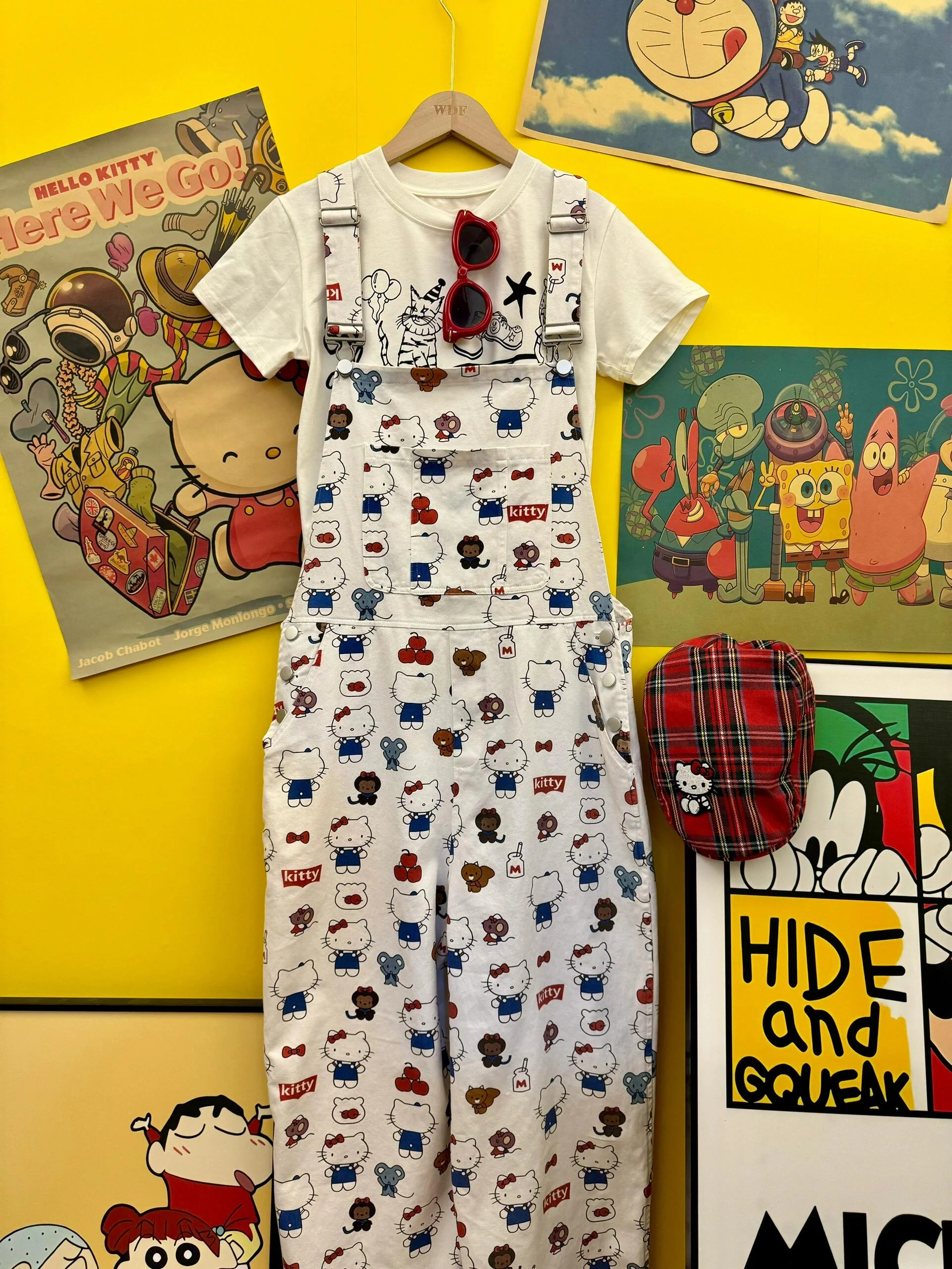 Hellokitty White Denim Jumpsuits for Women Casual Sleeveless Overalls Jeans Pants Jumpers with Pockets