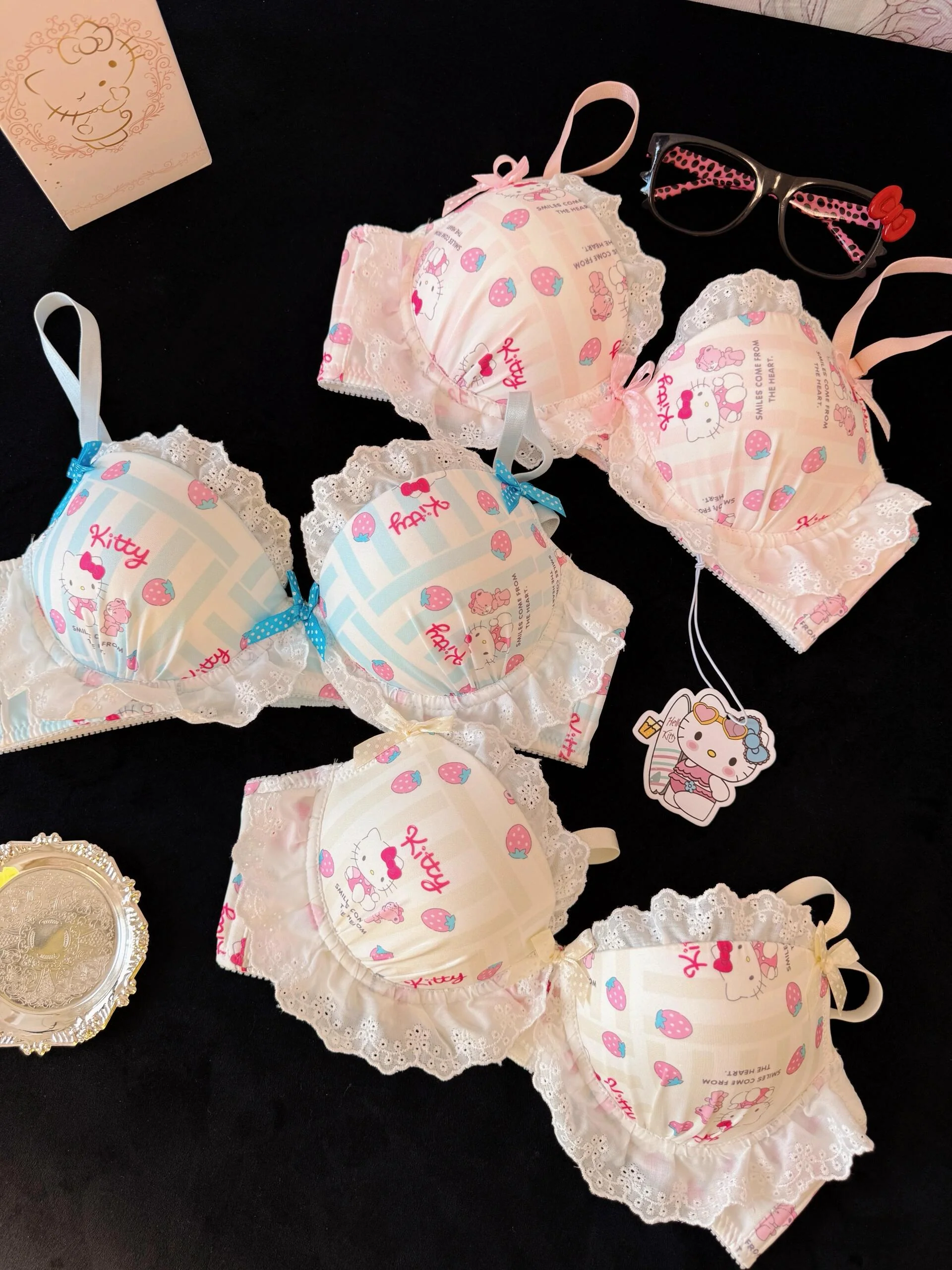 Strawberry Hellokitty Lace Trim Cotton Underwire Cute Push Up Strappy Lingerie Set Panty Bra