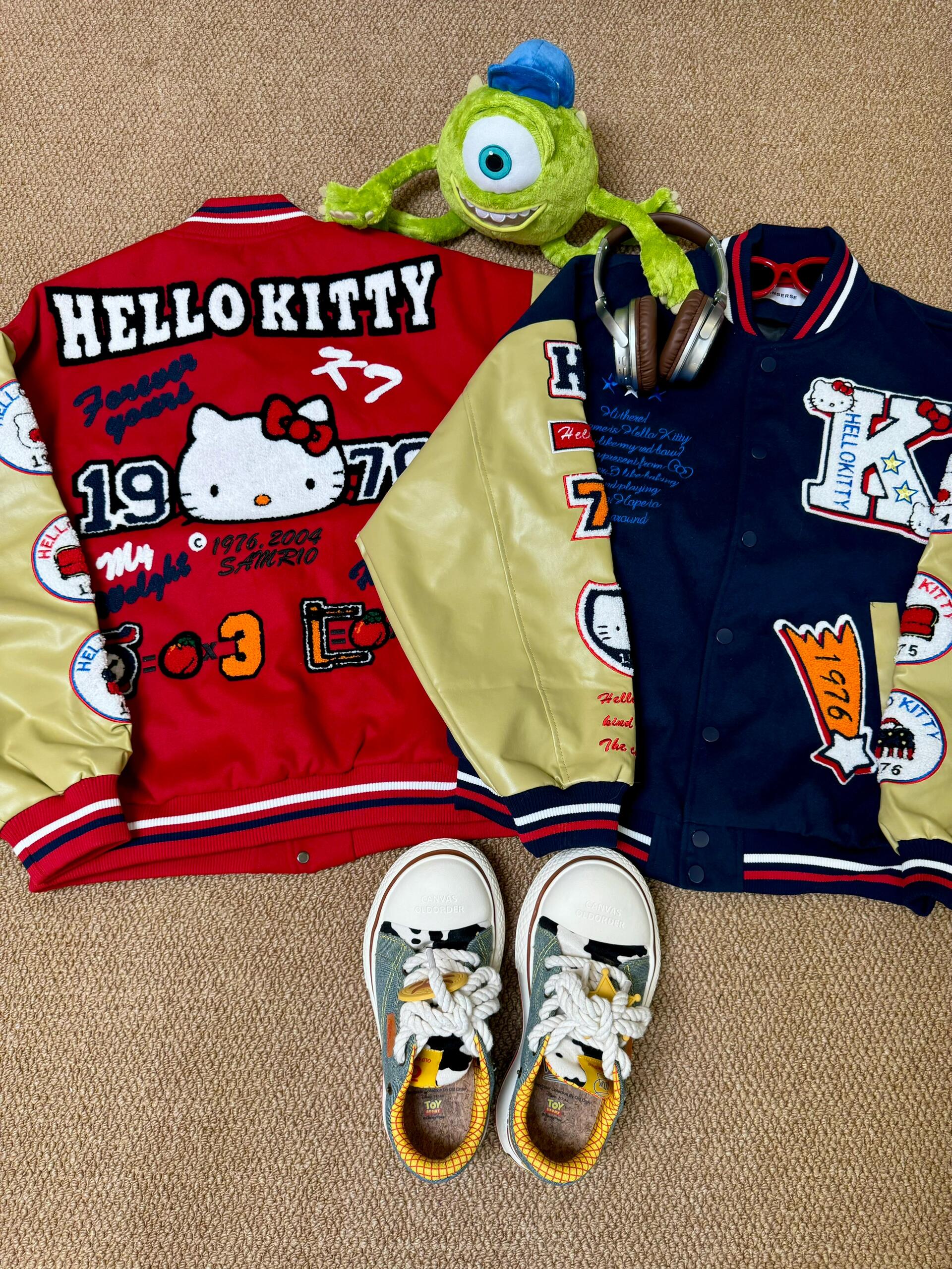 Hellokitty Varsity Jacket Baseball Bomber Jacket Vintage Unisex Streetwear Coats with Patchwork Hipster Utility Tops