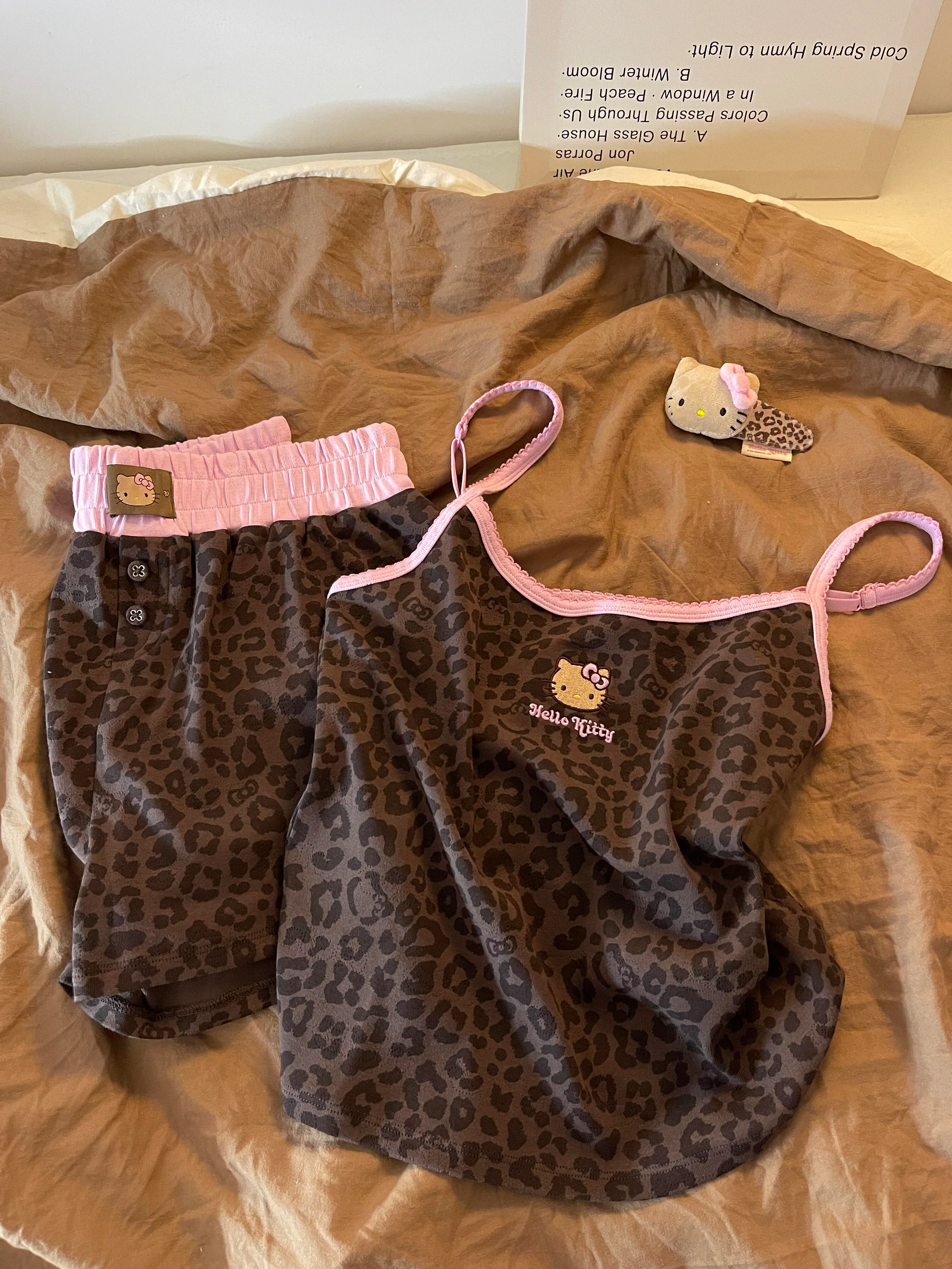 Hellokitty Leopard Print Cotton Cute Short Pajama Set 2 Piece Sleepwear Top with Shorts Pj Set