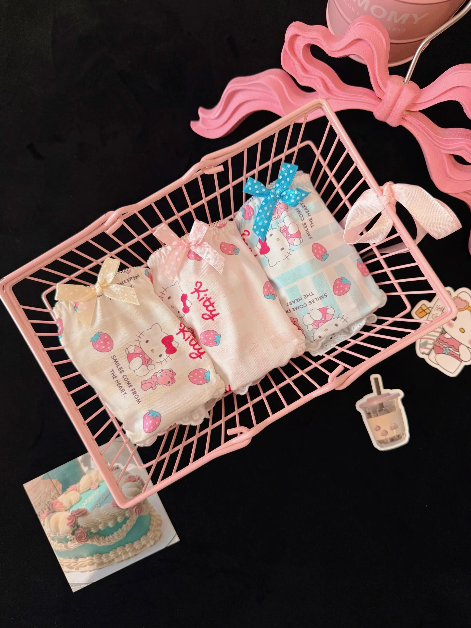 Strawberry Hellokitty Lace Trim Cotton Underwire Cute Push Up Strappy Lingerie Set Panty Bra