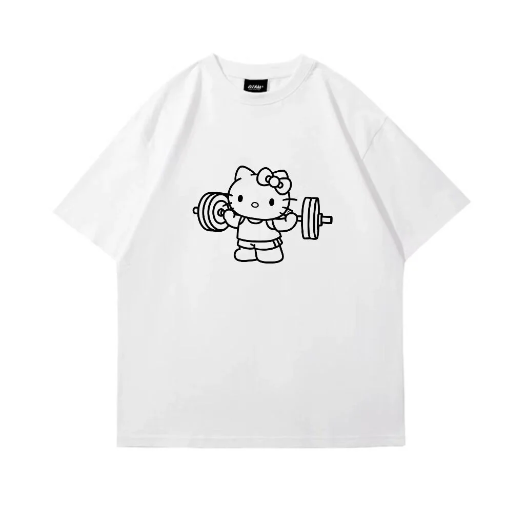 Hellokitty Weightlifting Print Cute Workout Crew Neck Cotton Short Sleeve Gym Fitness