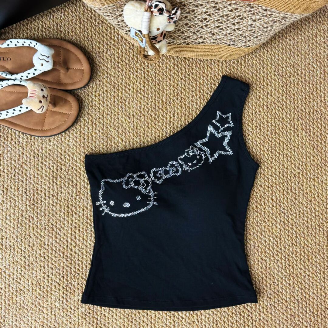 Hellokitty One Shoulder Tank Tops Summer Going Out Tops Asymmetrical Sleeveless Shirts