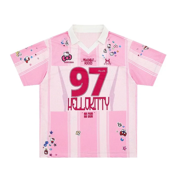 Hellokitty Jersey Shirts for Women V Neck Tshirt Striped Number Graphic Shirt Casual Y2k Streetwear Tee Tops