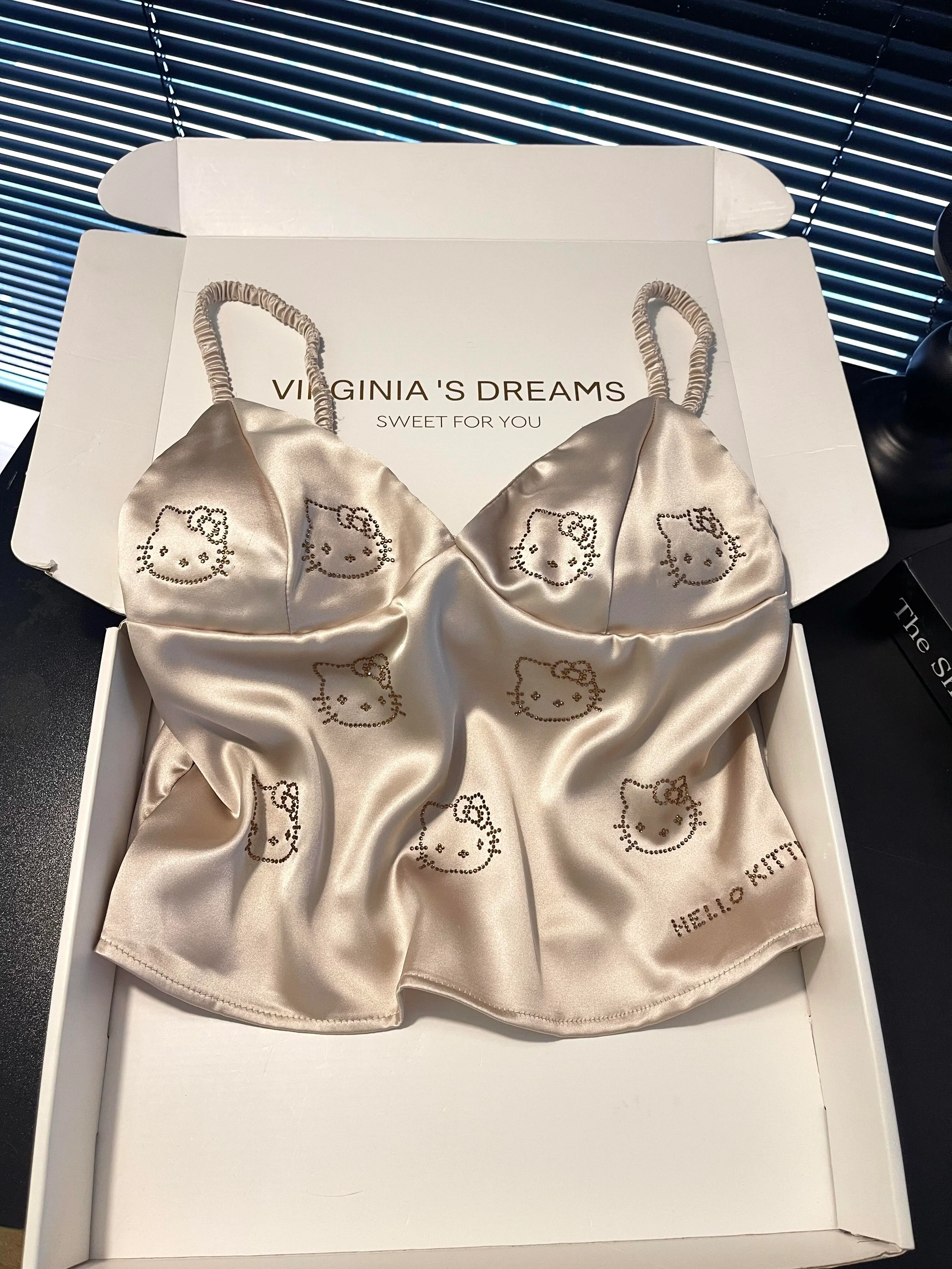 Hellokitty Champagne Satin Pajama Set for Women 2 Piece Silky Lingerie Sleepwear Camisole Pj Shorts Set Soft Nightwear