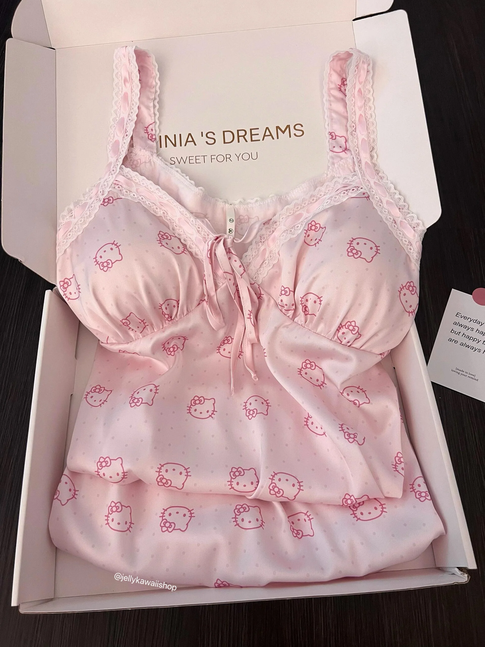 Hellokitty Pink Lace Silk Nightgown for Women Satin Slip Dress Nightdress