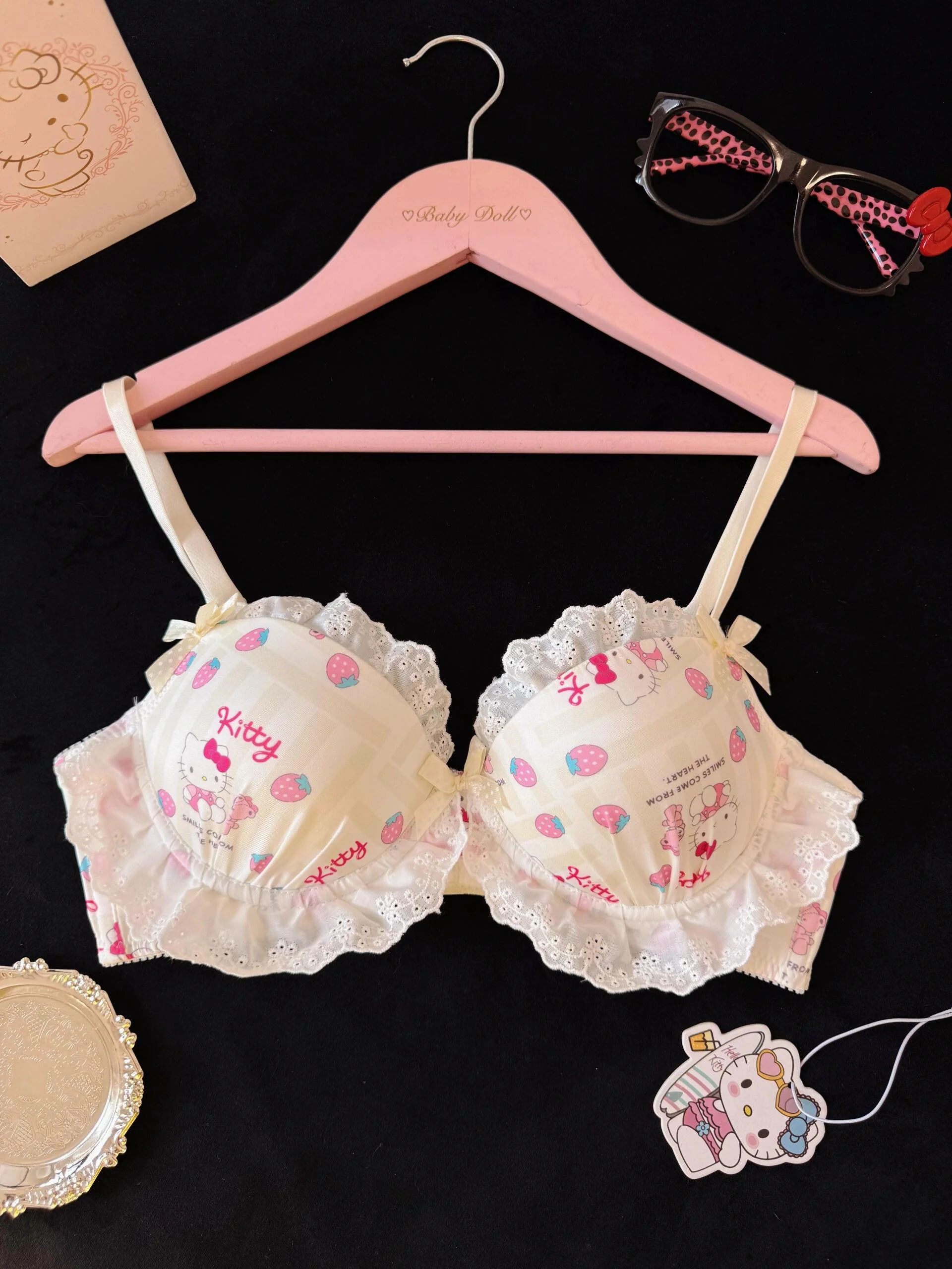 Strawberry Hellokitty Lace Trim Cotton Underwire Cute Push Up Strappy Lingerie Set Panty Bra