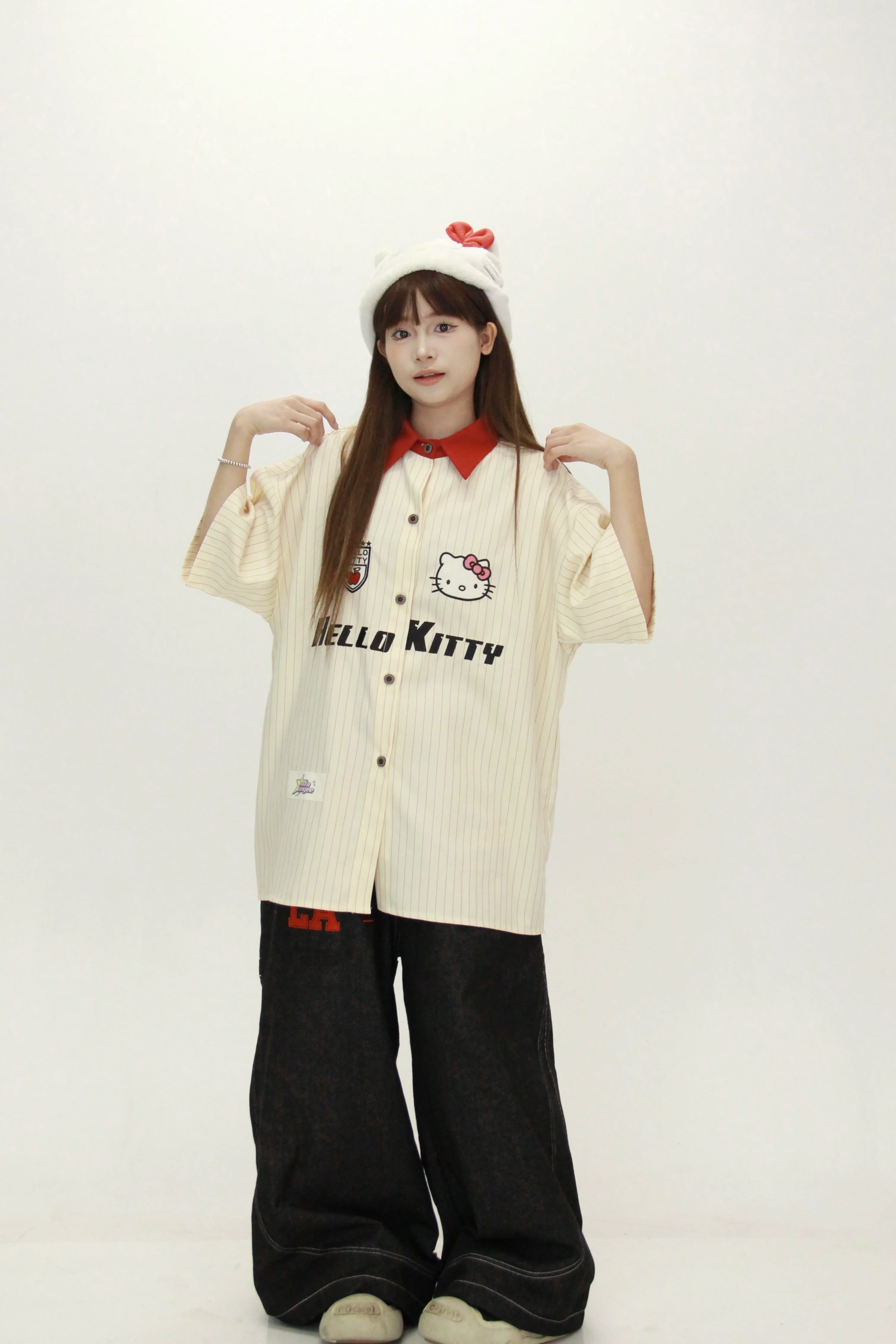 Hellokitty Snoopy Womens Button Down Shirts Short Sleeve Summer Collared Stripes Casual Blouses Tops