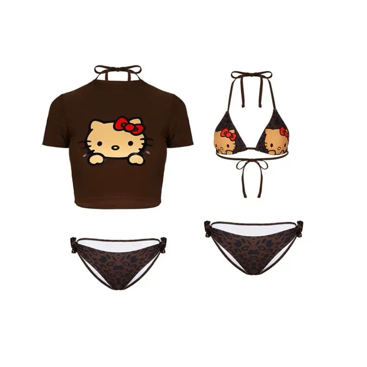 Hellokitty Women's 3 Piece Swimsuit Halter String Bikini Tie Side Mesh Short Sleeve Bathing Suits