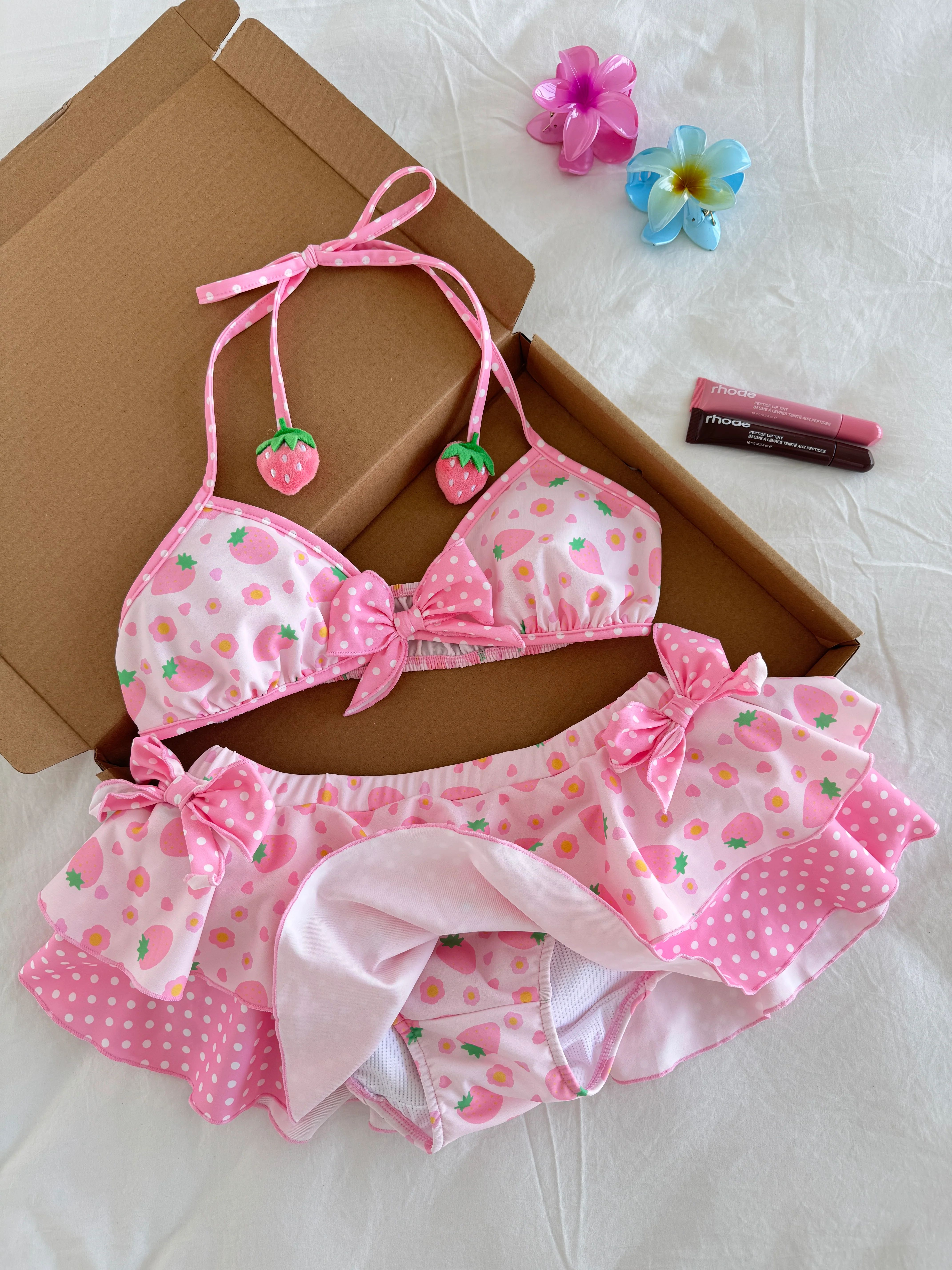 Pink Strawberry 2 Piece Swimsuit Bathing Suit Lace-up Top Ruffled Floral Summer Swimwear