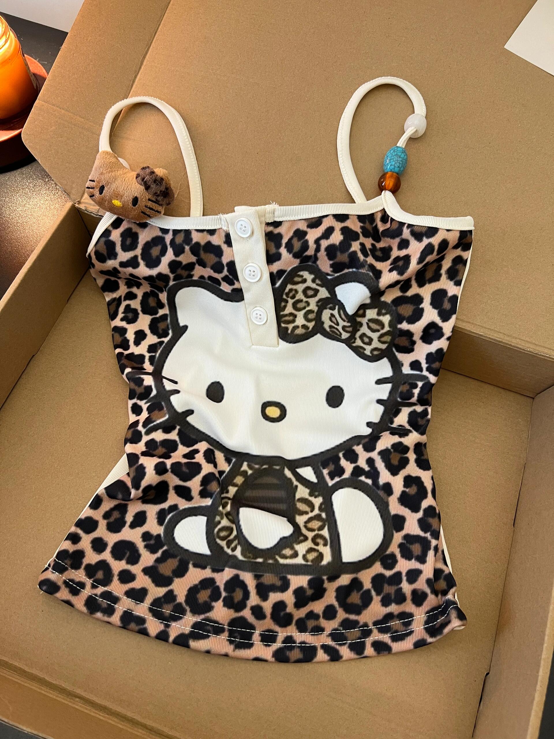 Hellokitty Women's Leopard Print Cami Crop Top Halter Tie Backless Y2k Tops