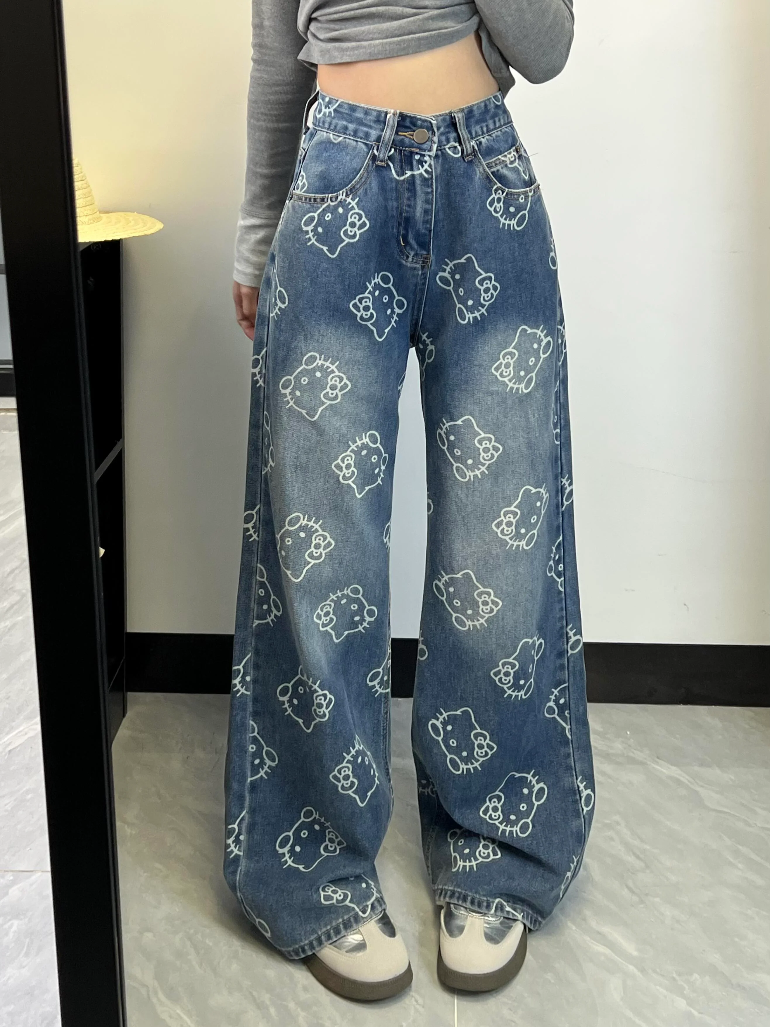 Hellokitty Pocket Embroidery Wide Leg Jeans High Waist Baggy Jeans for Women Loose Boyfriends Jeans Denim Pants