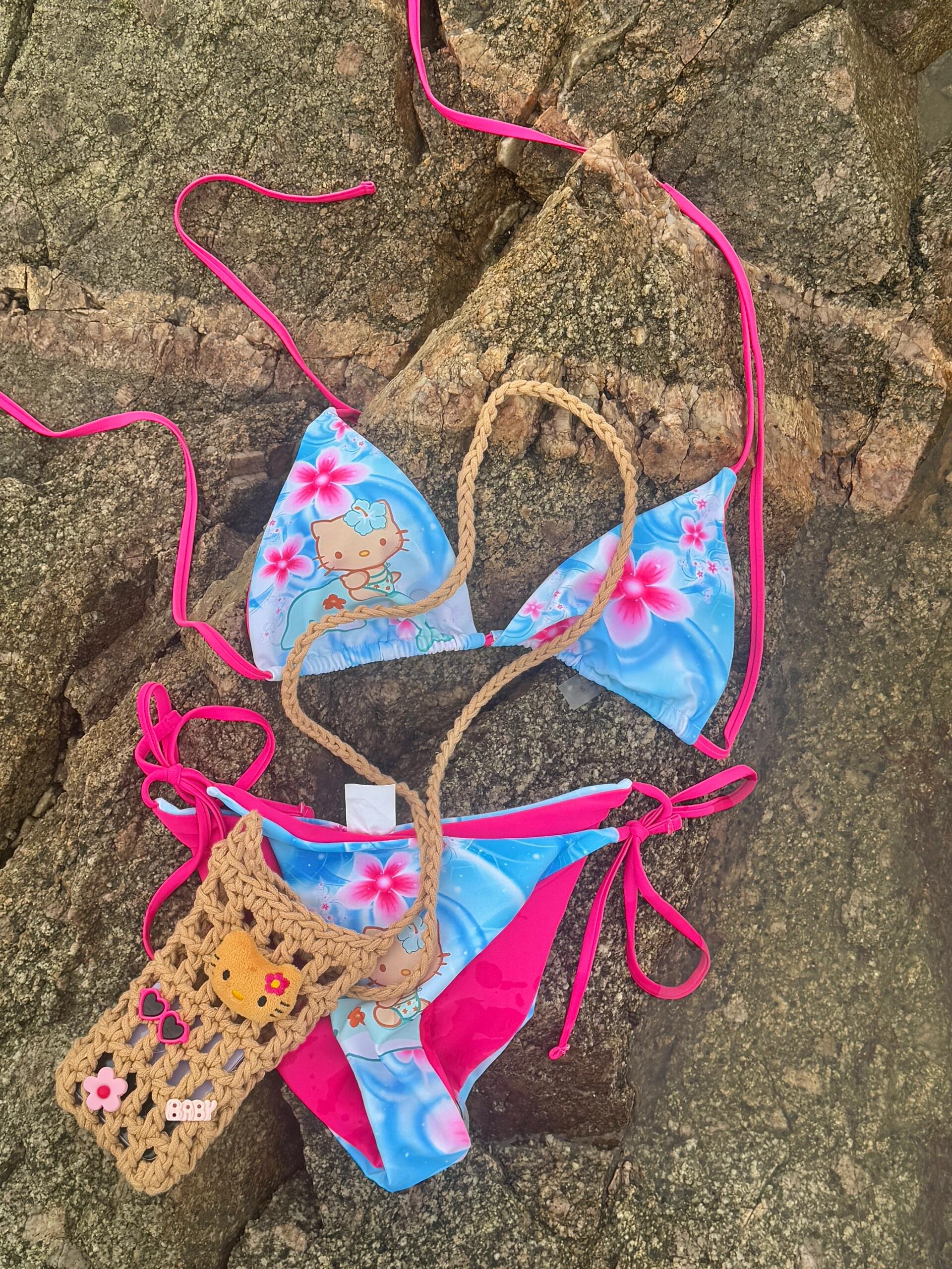 Tan Hellokitty Dolphin Blue Halter Tie Side Triangle Bikini Set high Cut 2 Piece Bikini Swimsuit Bathing Suit