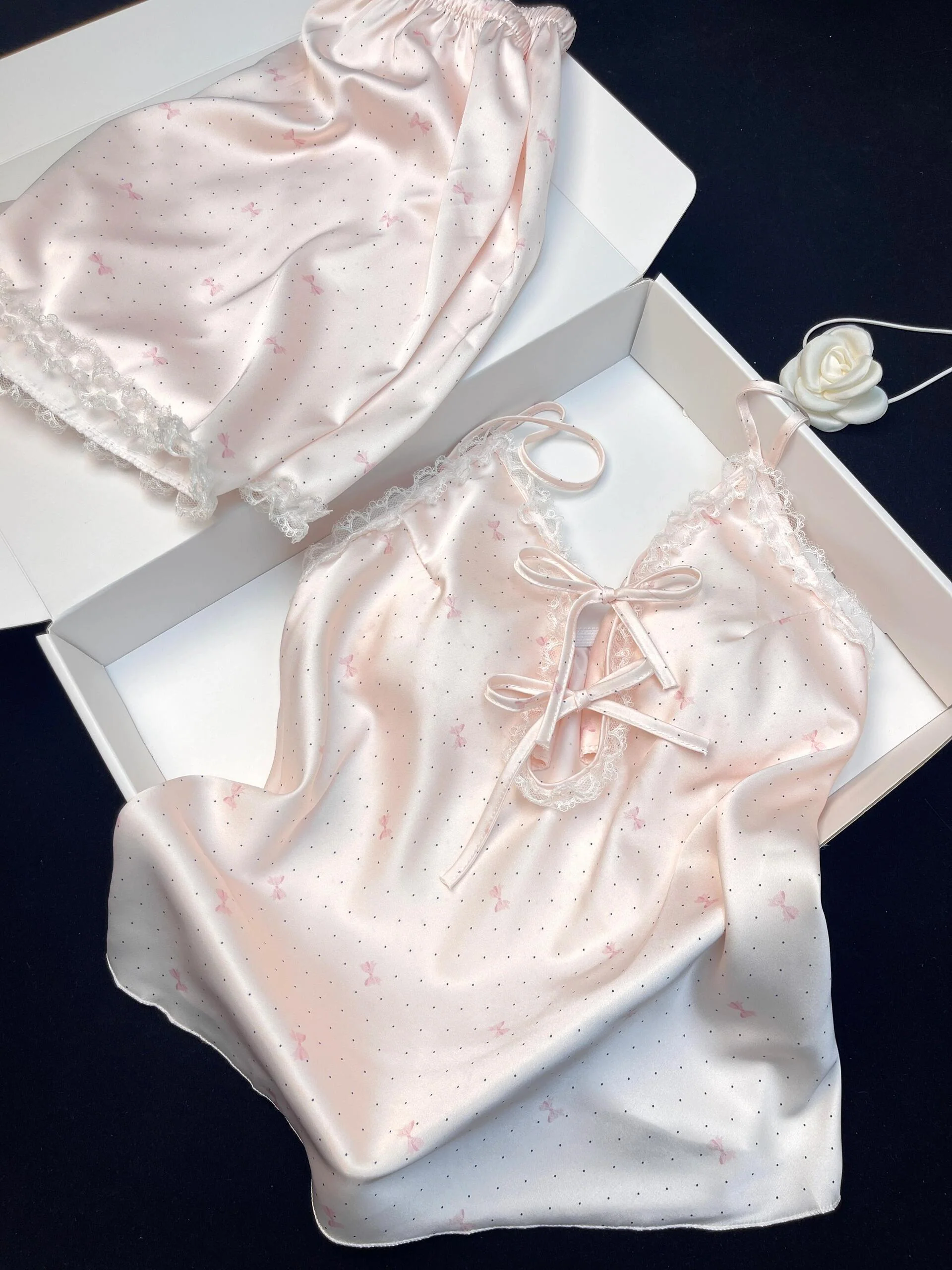 Pink Bow Print Satin Pajama Set for Women 2 Piece Silky Lingerie Sleepwear Camisole Pj Shorts Set Soft Nightwear