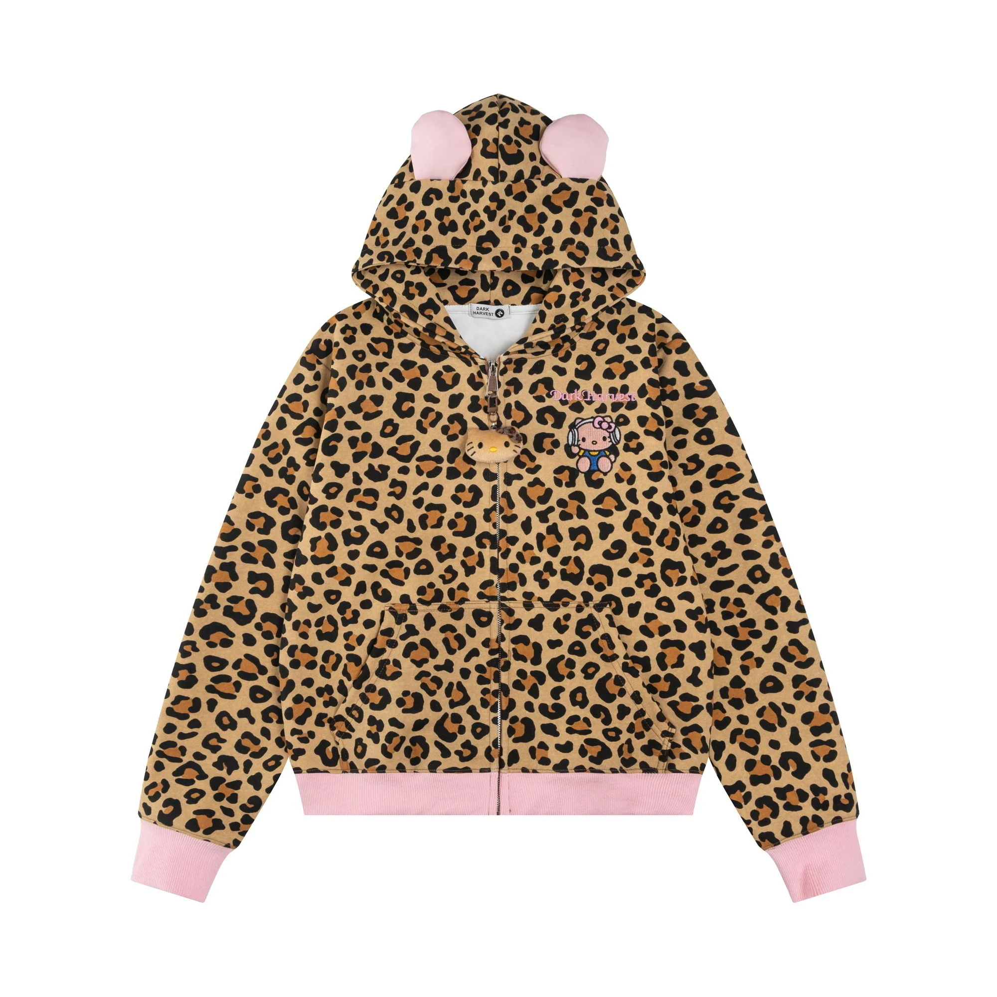 Hellokitty Leopard Print Hoodies Fall Jacket Sweatshirts Casual Drawstring Zip Up Y2K Hoodie with Pocket