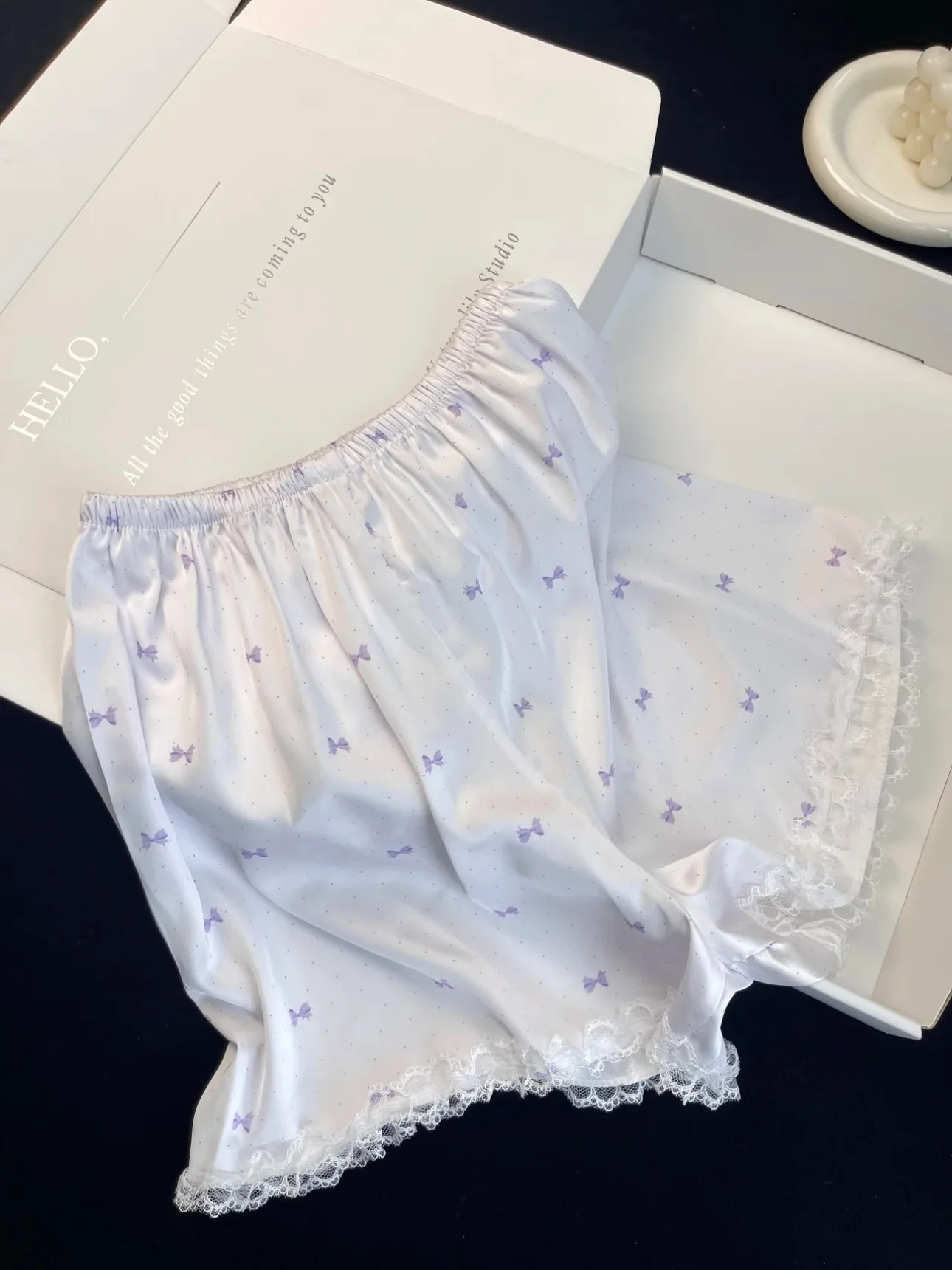 Pink Bow Print Satin Pajama Set for Women 2 Piece Silky Lingerie Sleepwear Camisole Pj Shorts Set Soft Nightwear