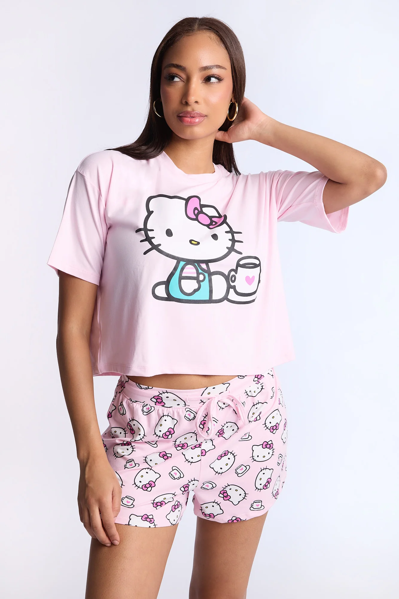 Hello Kittty Coffee Super Soft Pajama Tee And Shorts 2-Piece Set