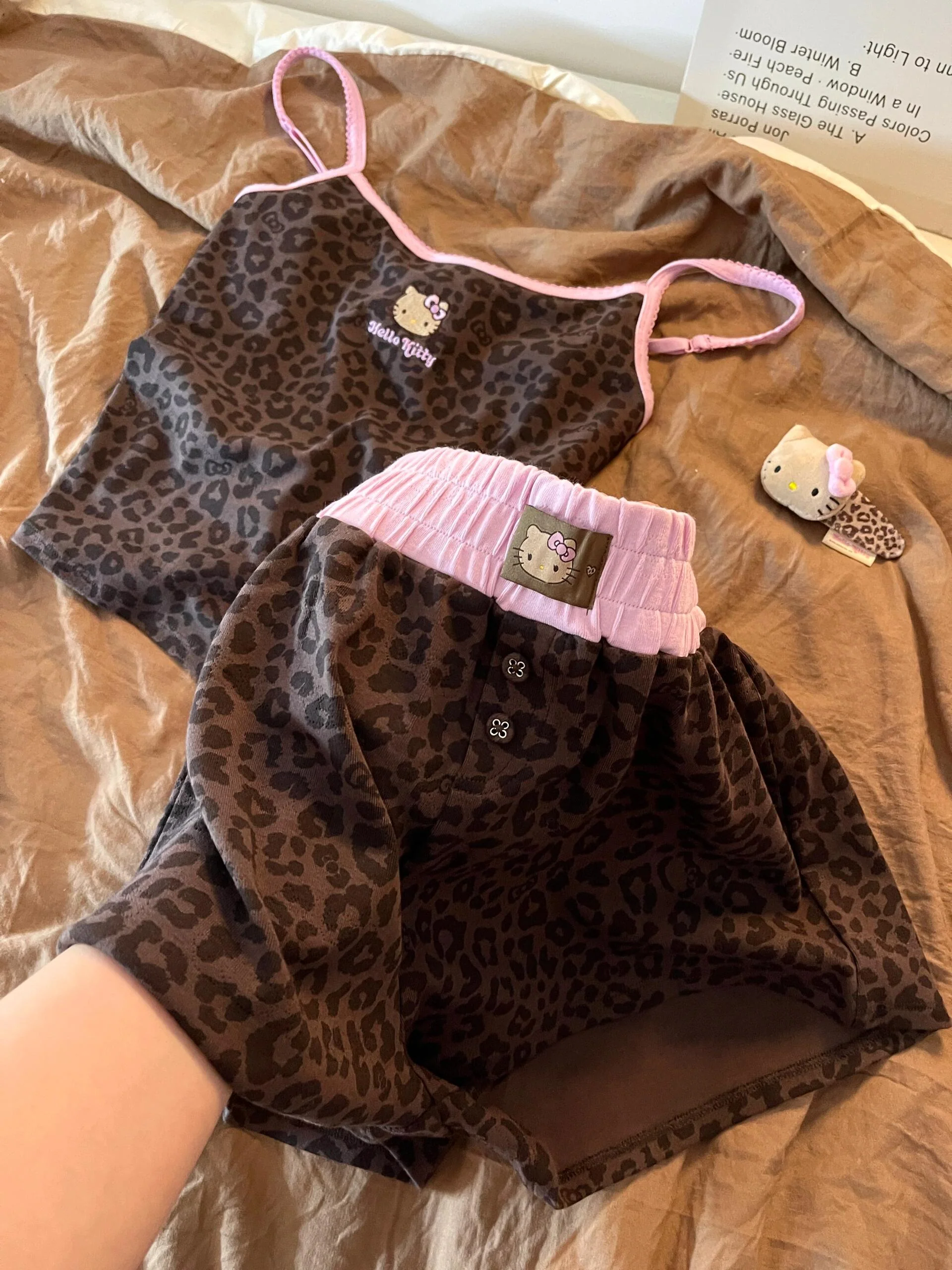 Hellokitty Leopard Print Cotton Cute Short Pajama Set 2 Piece Sleepwear Top with Shorts Pj Set