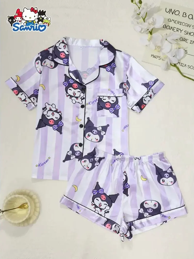 Sanrio Womens Silk Satin Pajama Sets Short Sleeve Button Down Sleepwear Cozy Loungewear 2 Piece Pjs Shorts Set （S-XXXL）