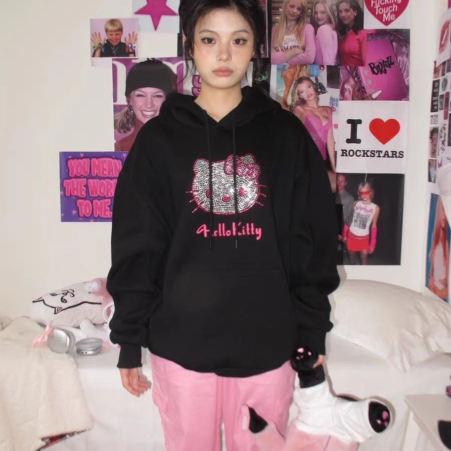 Hellokitty Rhinestone Hoodie Kawaii Pullover Cute Hooded Sweatshirt