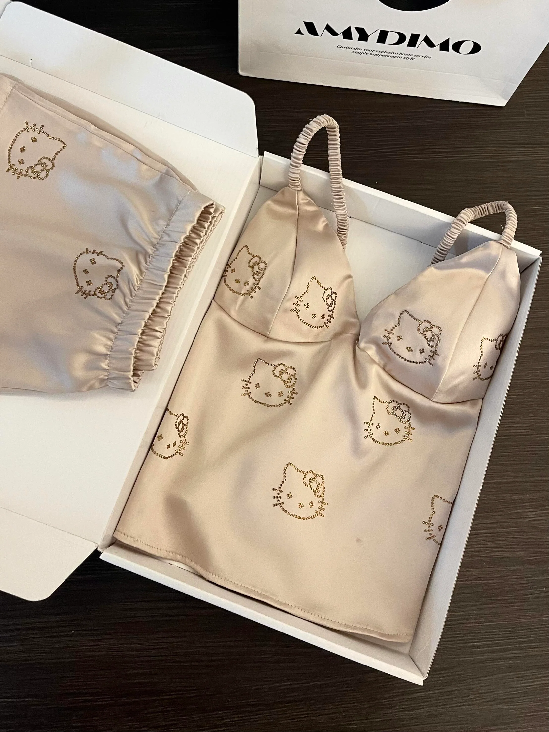 Hellokitty Champagne Satin Pajama Set for Women 2 Piece Silky Lingerie Sleepwear Camisole Pj Shorts Set Soft Nightwear