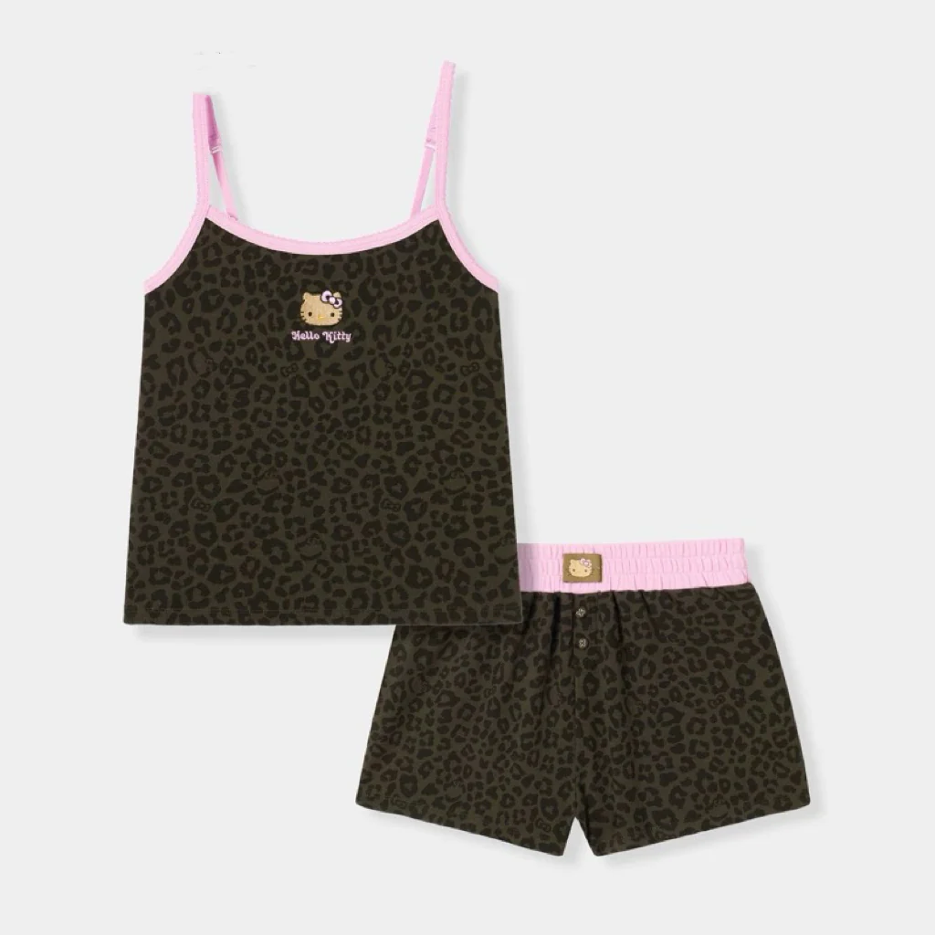 Hellokitty Leopard Print Cotton Cute Short Pajama Set 2 Piece Sleepwear Top with Shorts Pj Set