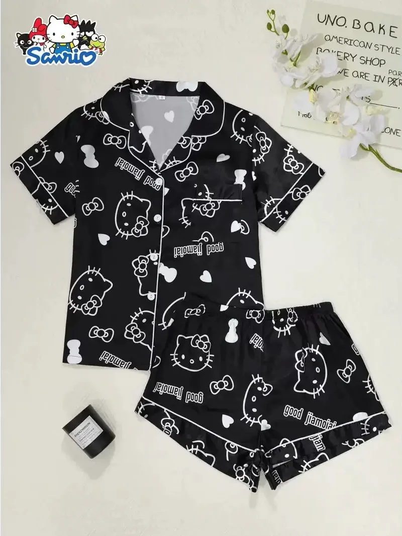 Sanrio Womens Silk Satin Pajama Sets Short Sleeve Button Down Sleepwear Cozy Loungewear 2 Piece Pjs Shorts Set （S-XXXL）