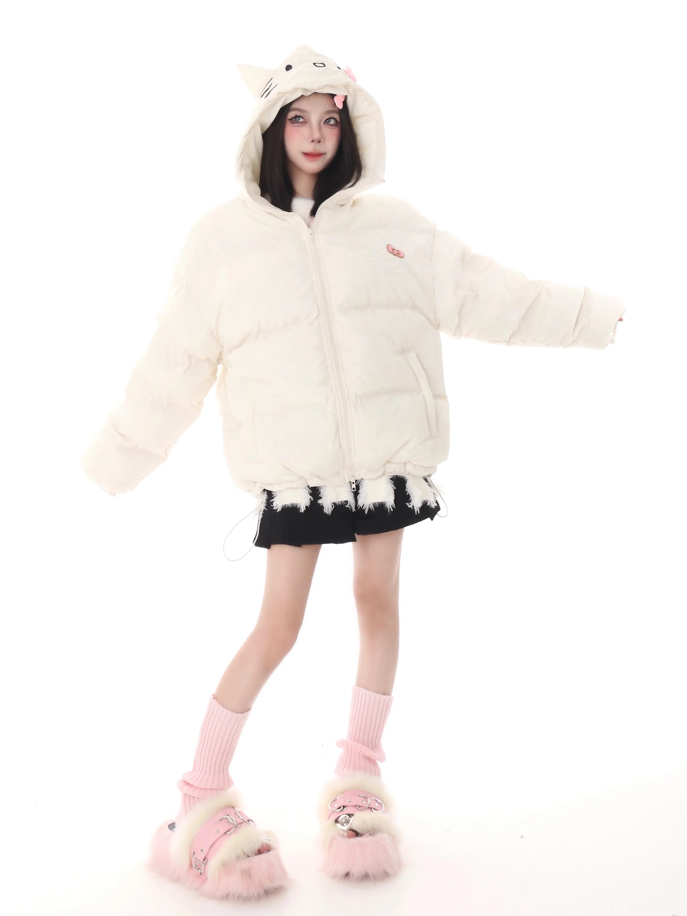 Hellokitty Winter Long Sleeve Zip Hooded Puffer Jacket Coat Pockets Baggy Short Down Coat