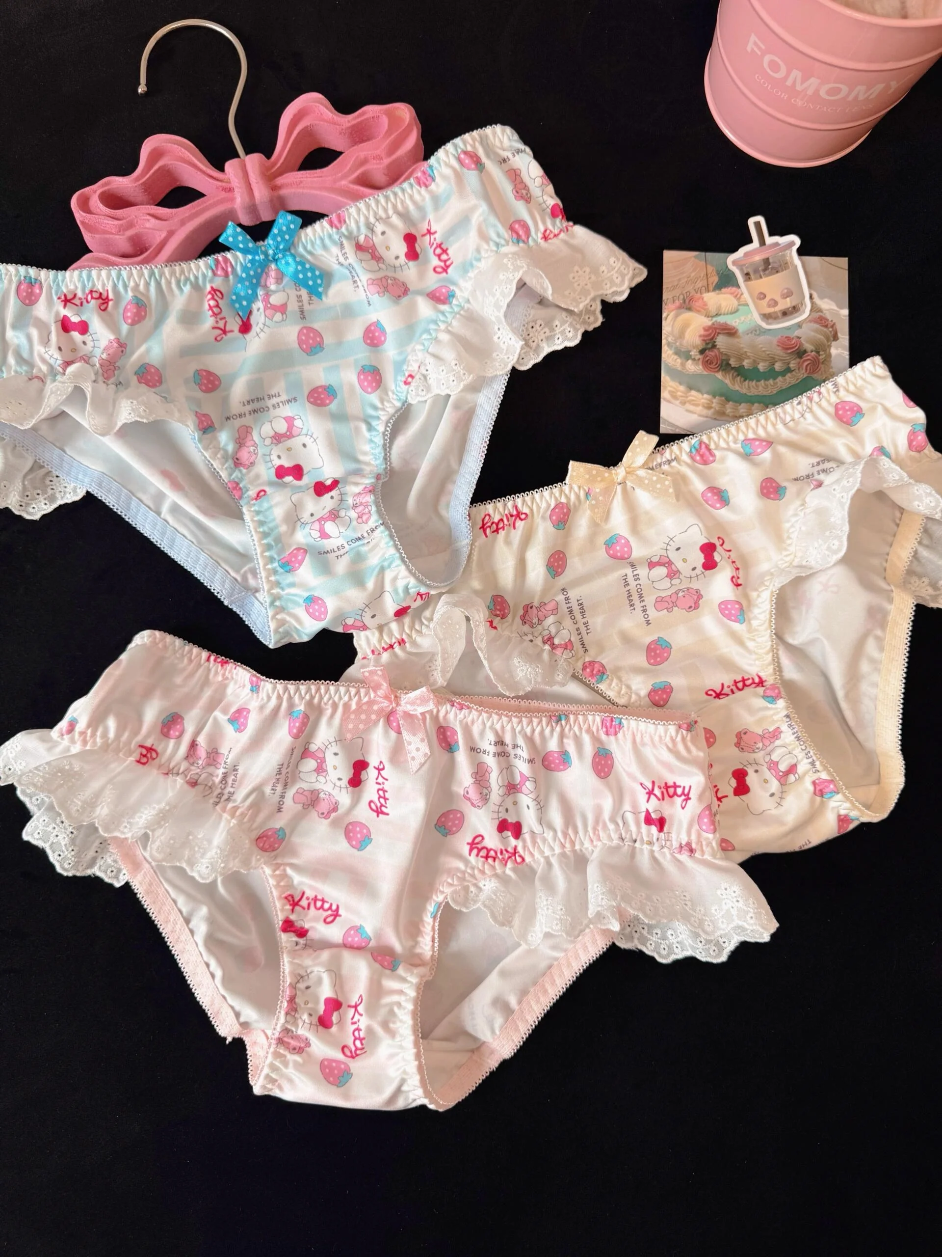 Strawberry Hellokitty Lace Trim Cotton Underwire Cute Push Up Strappy Lingerie Set Panty Bra