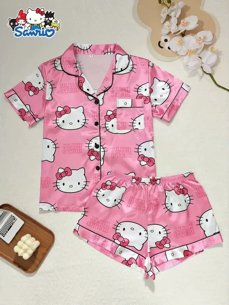 Sanrio Womens Silk Satin Pajama Sets Short Sleeve Button Down Sleepwear Cozy Loungewear 2 Piece Pjs Shorts Set （S-XXXL）