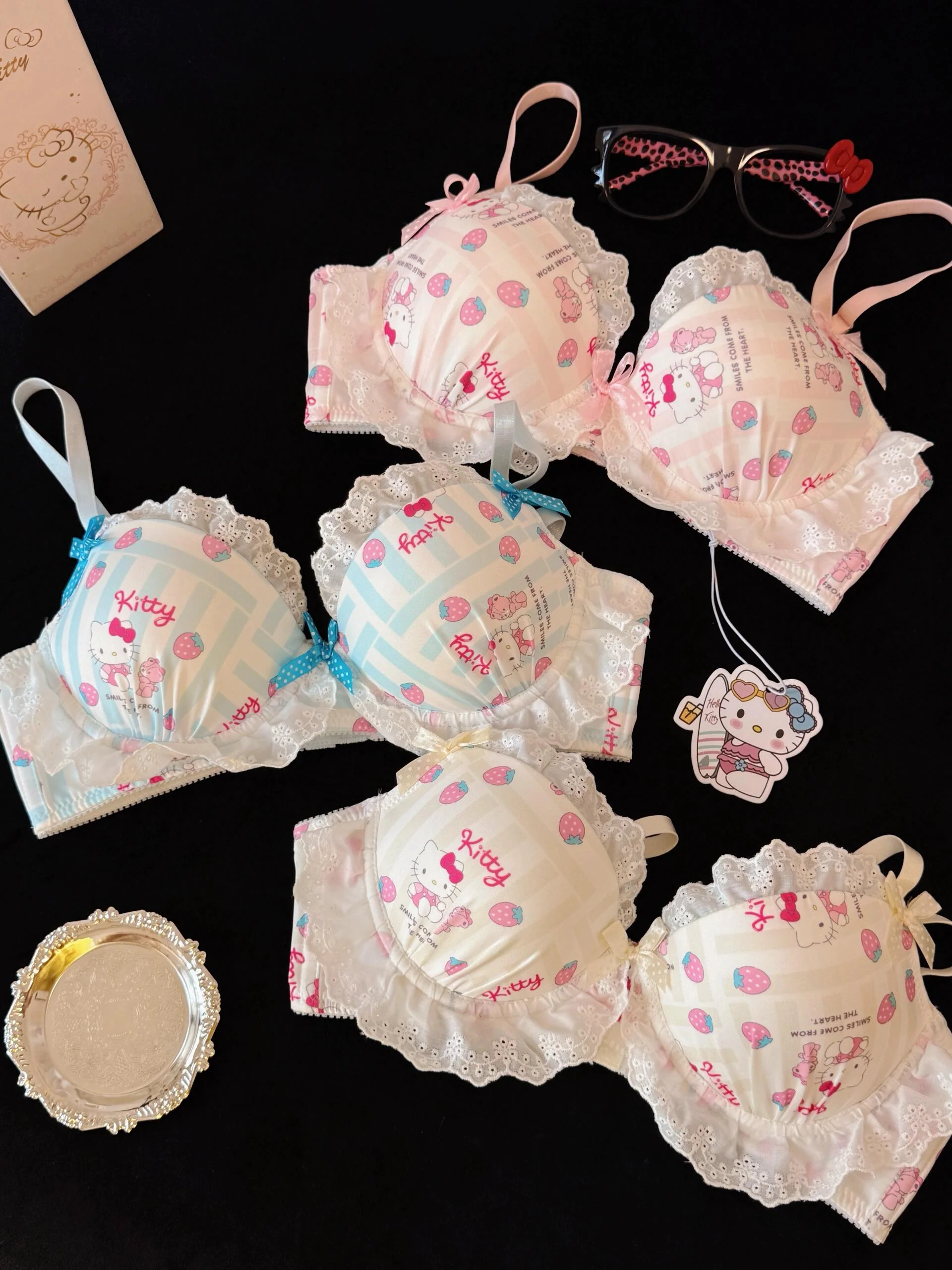 Strawberry Hellokitty Lace Trim Cotton Underwire Cute Push Up Strappy Lingerie Set Panty Bra