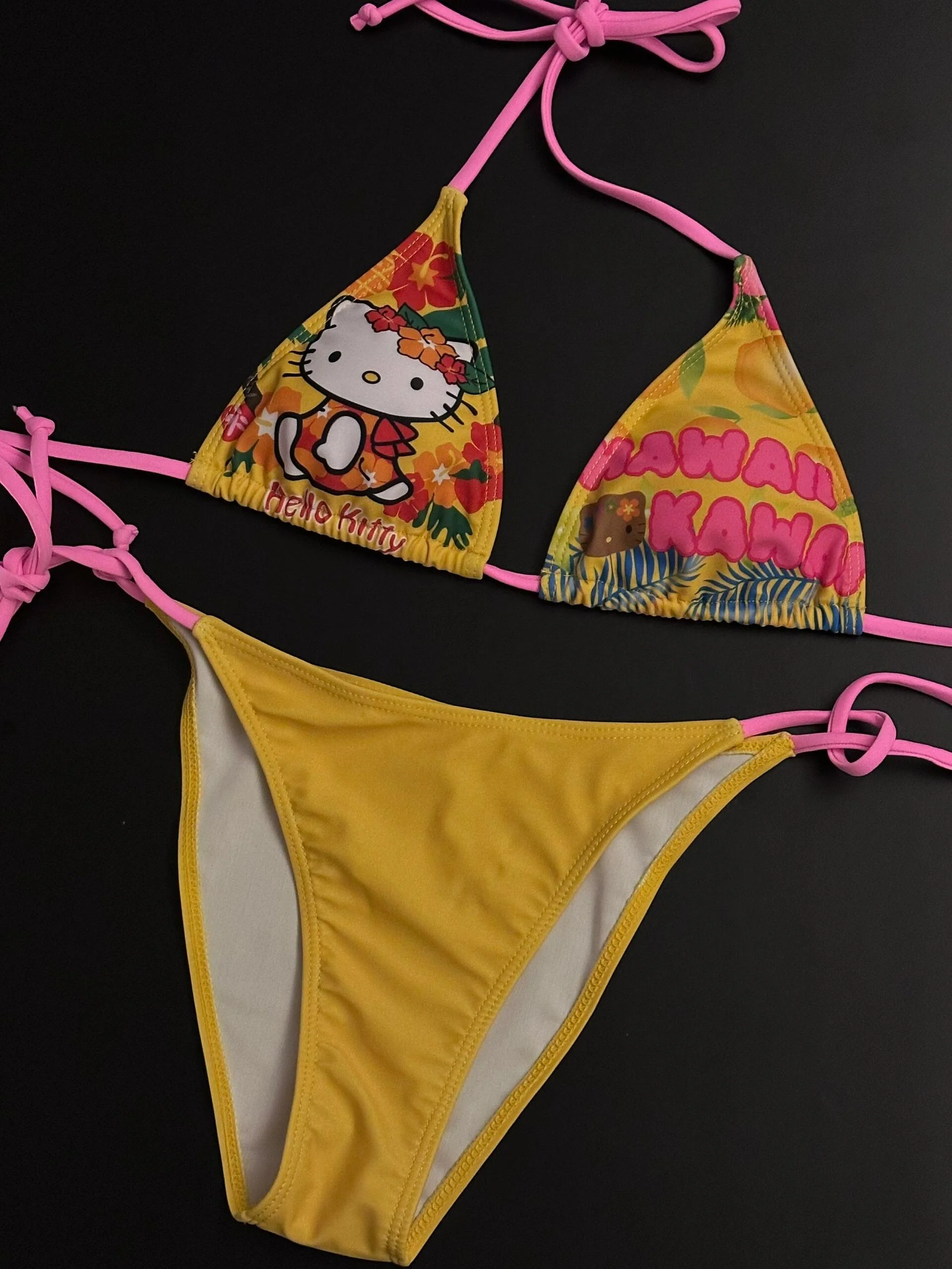 Hellokitty Yellow Halter Tie Side Triangle Bikini Set high Cut 2 Piece Bikini Swimsuit Bathing Suit