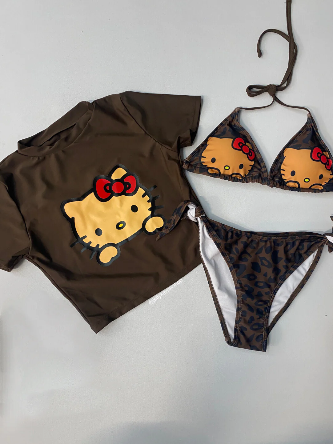 Hellokitty Women's 3 Piece Swimsuit Halter String Bikini Tie Side Mesh Short Sleeve Bathing Suits