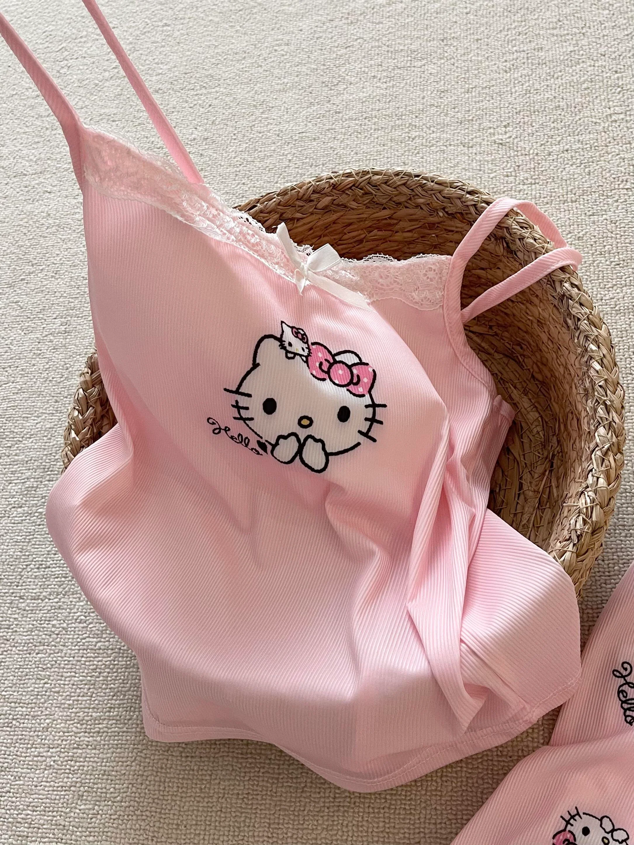 Hellokitty Pink Lace Pajama Set for Women 2 Piece Lingerie Sleepwear Camisole Pj Shorts Set Nightwear