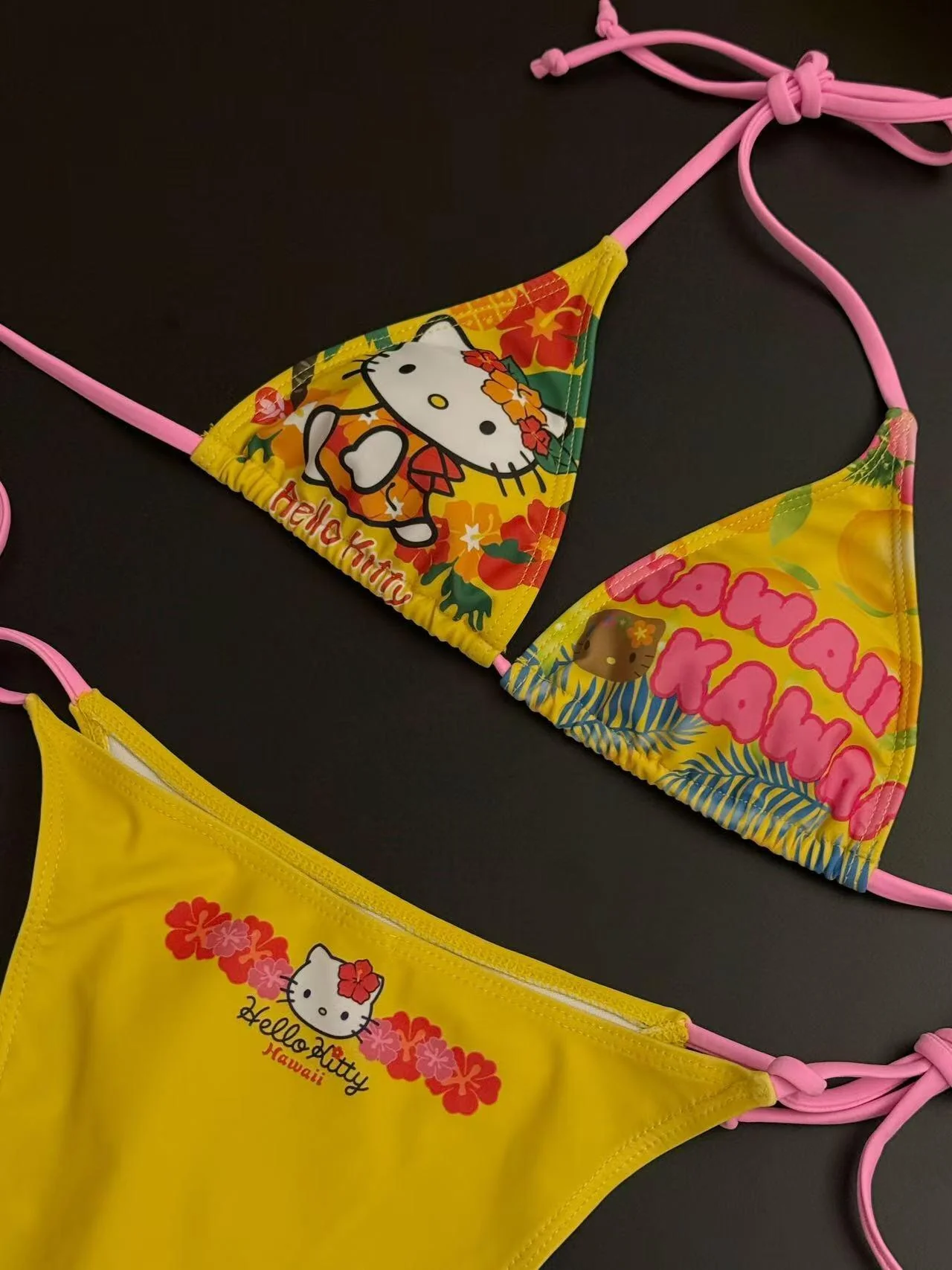 Hellokitty Yellow Halter Tie Side Triangle Bikini Set high Cut 2 Piece Bikini Swimsuit Bathing Suit
