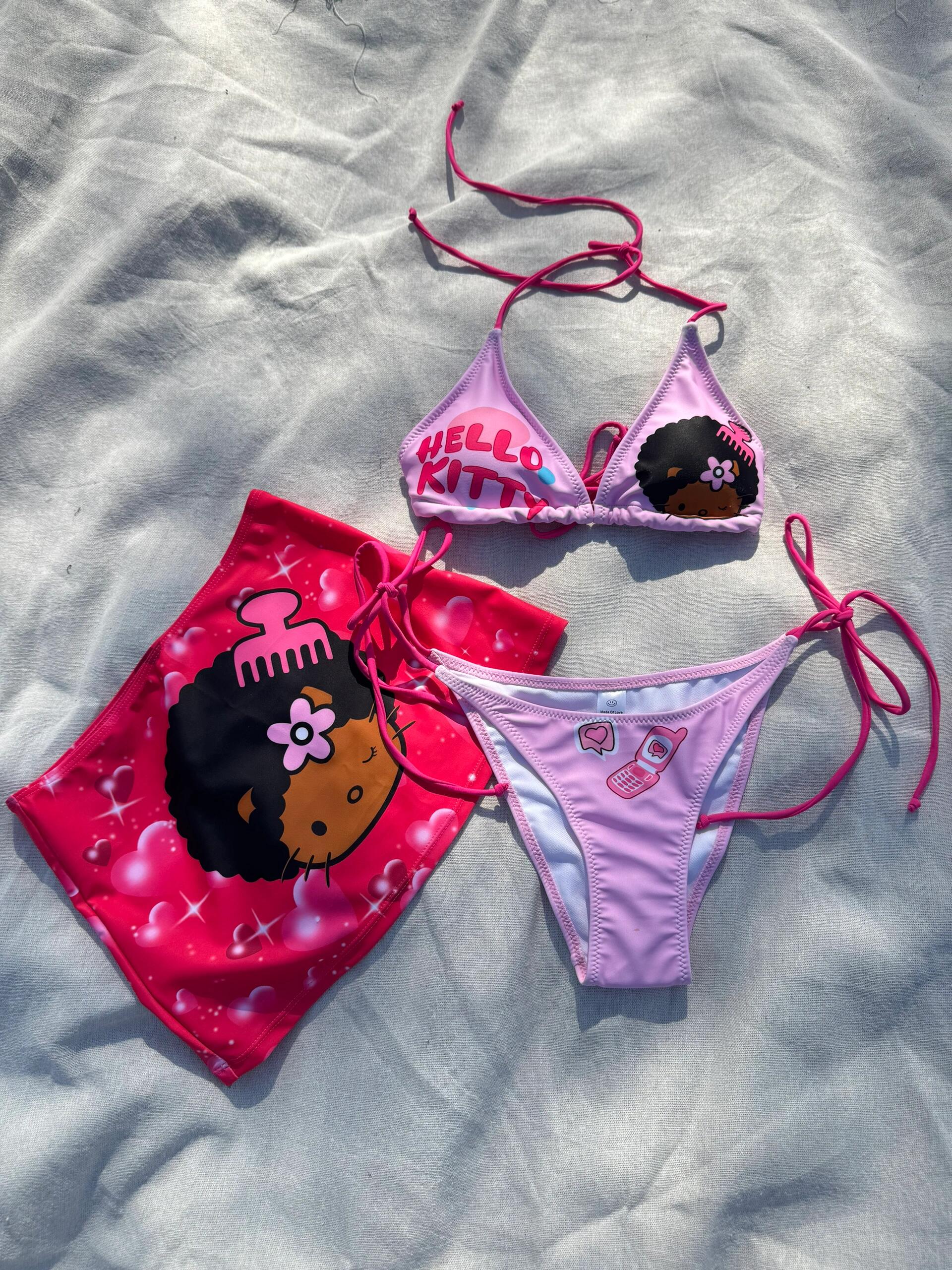 Hellokitty 3 Piece Bikini Sets - String Triangle Swimsuits with Cover Up Halter Sexy Bathing Suits