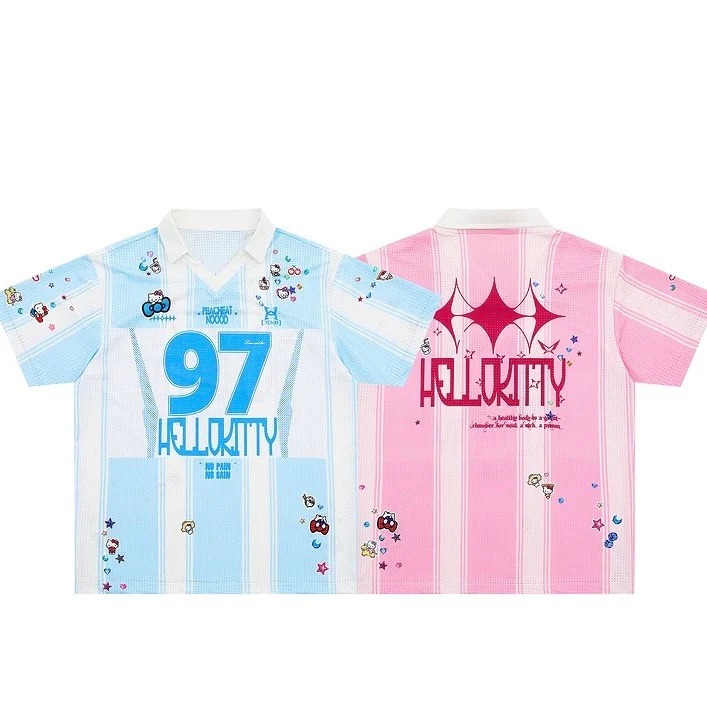 Hellokitty Jersey Shirts for Women V Neck Tshirt Striped Number Graphic Shirt Casual Y2k Streetwear Tee Tops