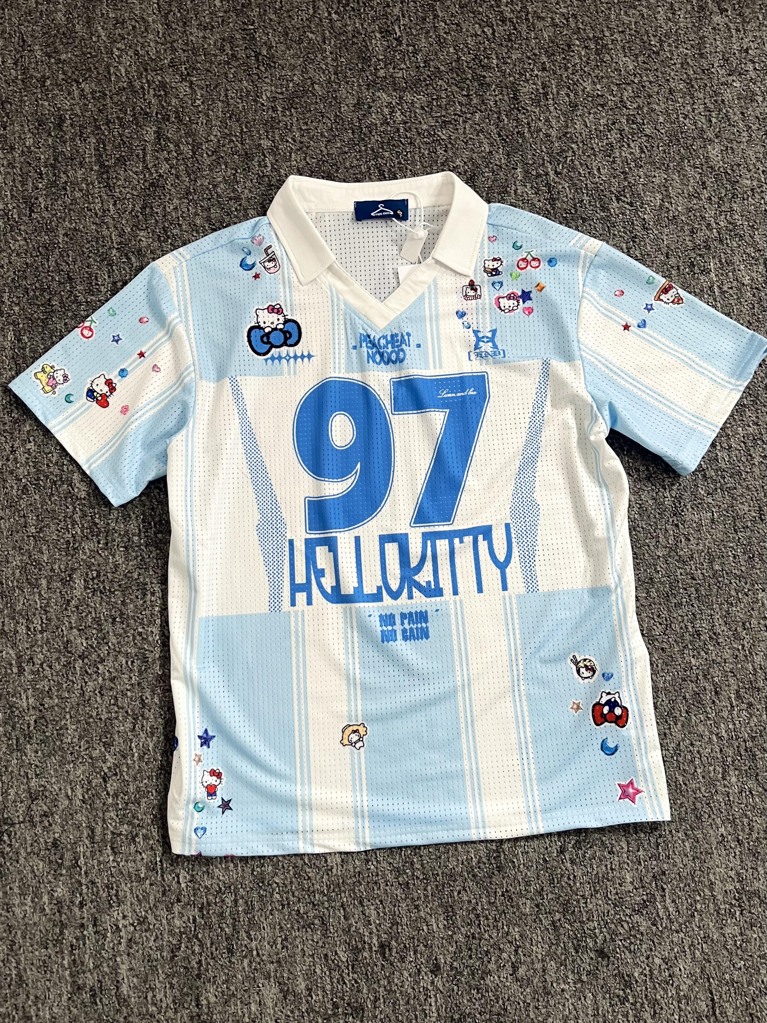 Hellokitty Jersey Shirts for Women V Neck Tshirt Striped Number Graphic Shirt Casual Y2k Streetwear Tee Tops