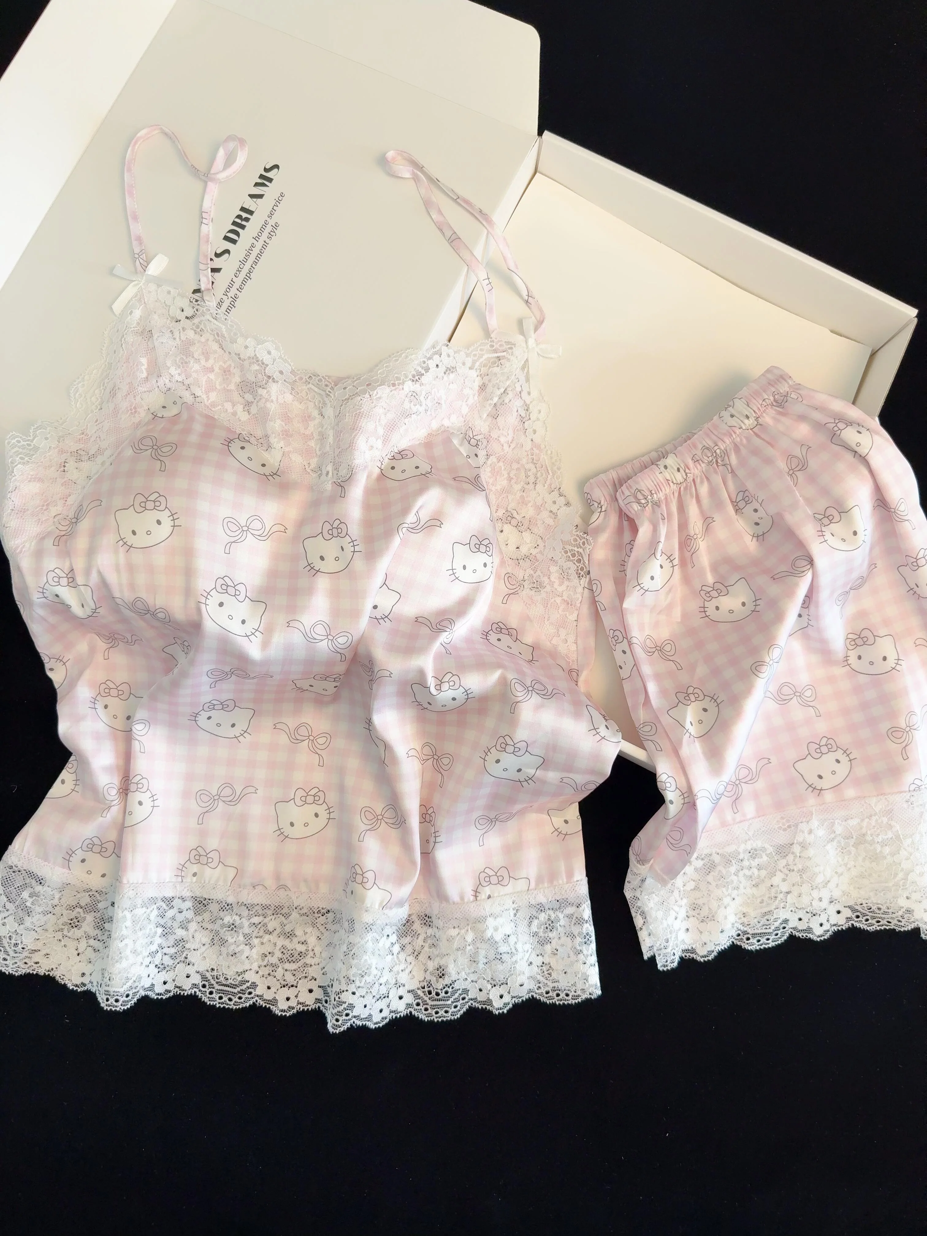 Hellokitty Pink Lace Pajama Set for Women 2 Piece Lingerie Sleepwear Camisole Pj Shorts Set Soft Nightwear