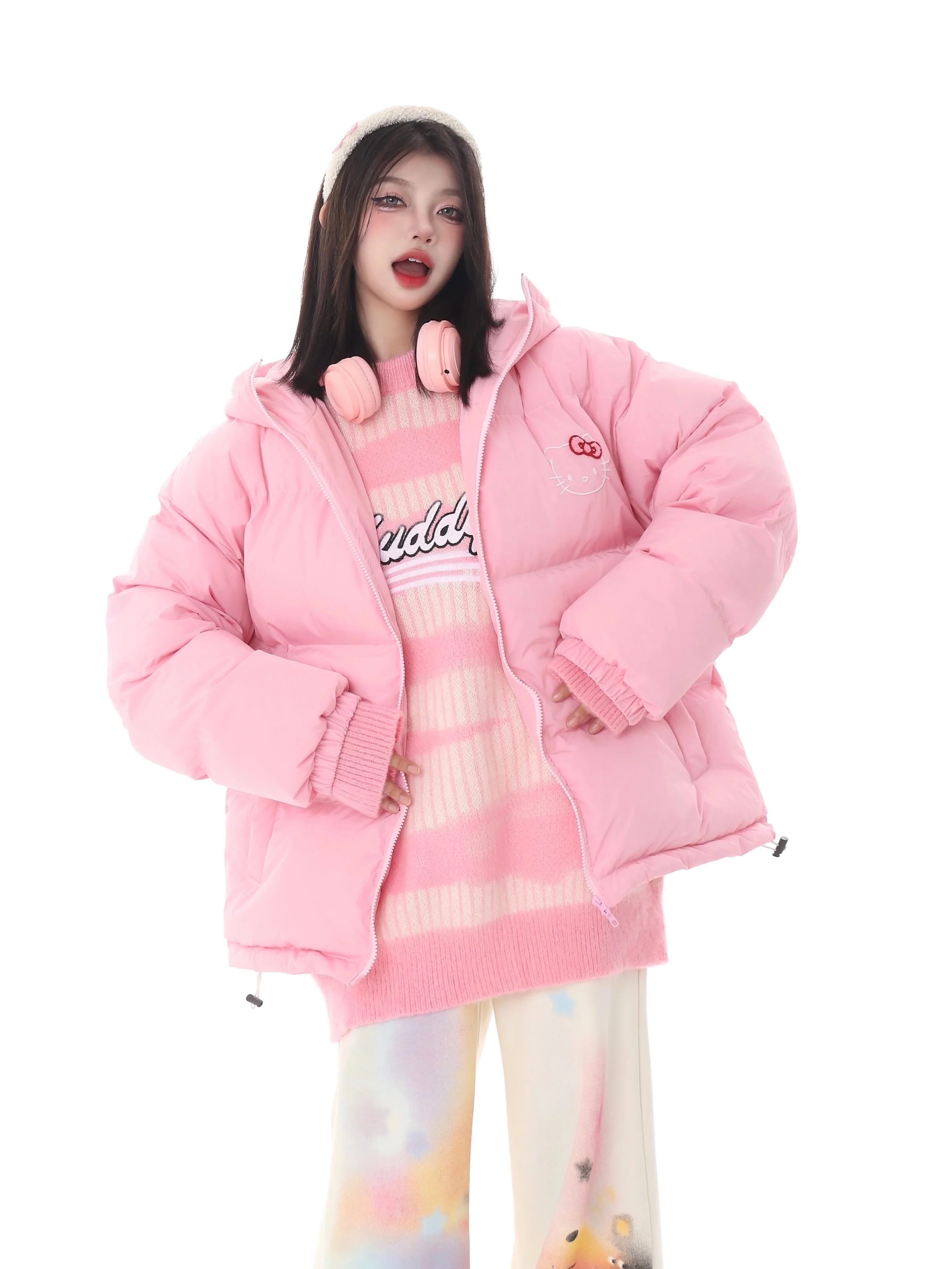 Hellokitty Winter Long Sleeve Zip Hooded Puffer Jacket Coat Pockets Baggy Short Down Coat