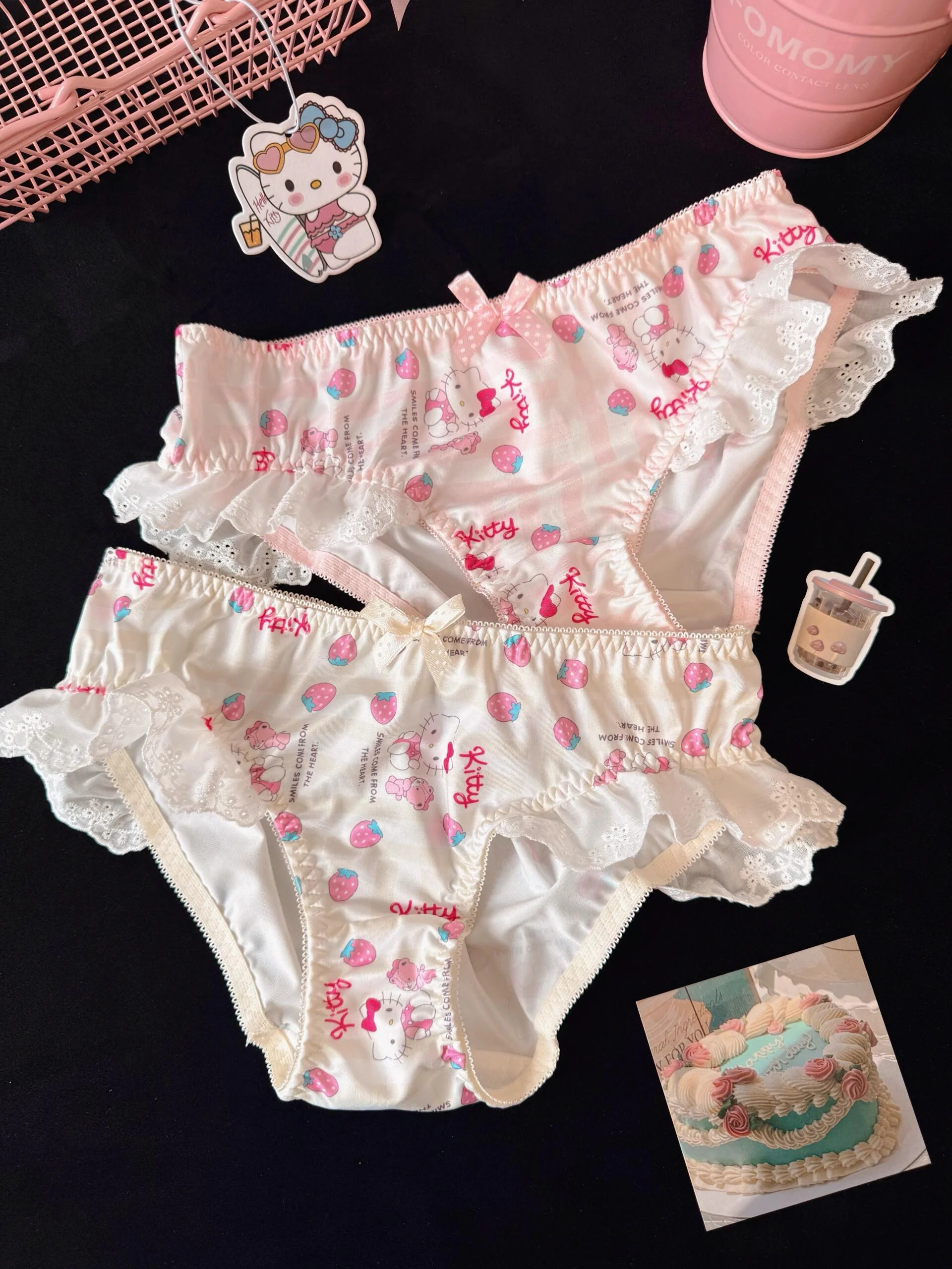 Strawberry Hellokitty Lace Trim Cotton Underwire Cute Push Up Strappy Lingerie Set Panty Bra